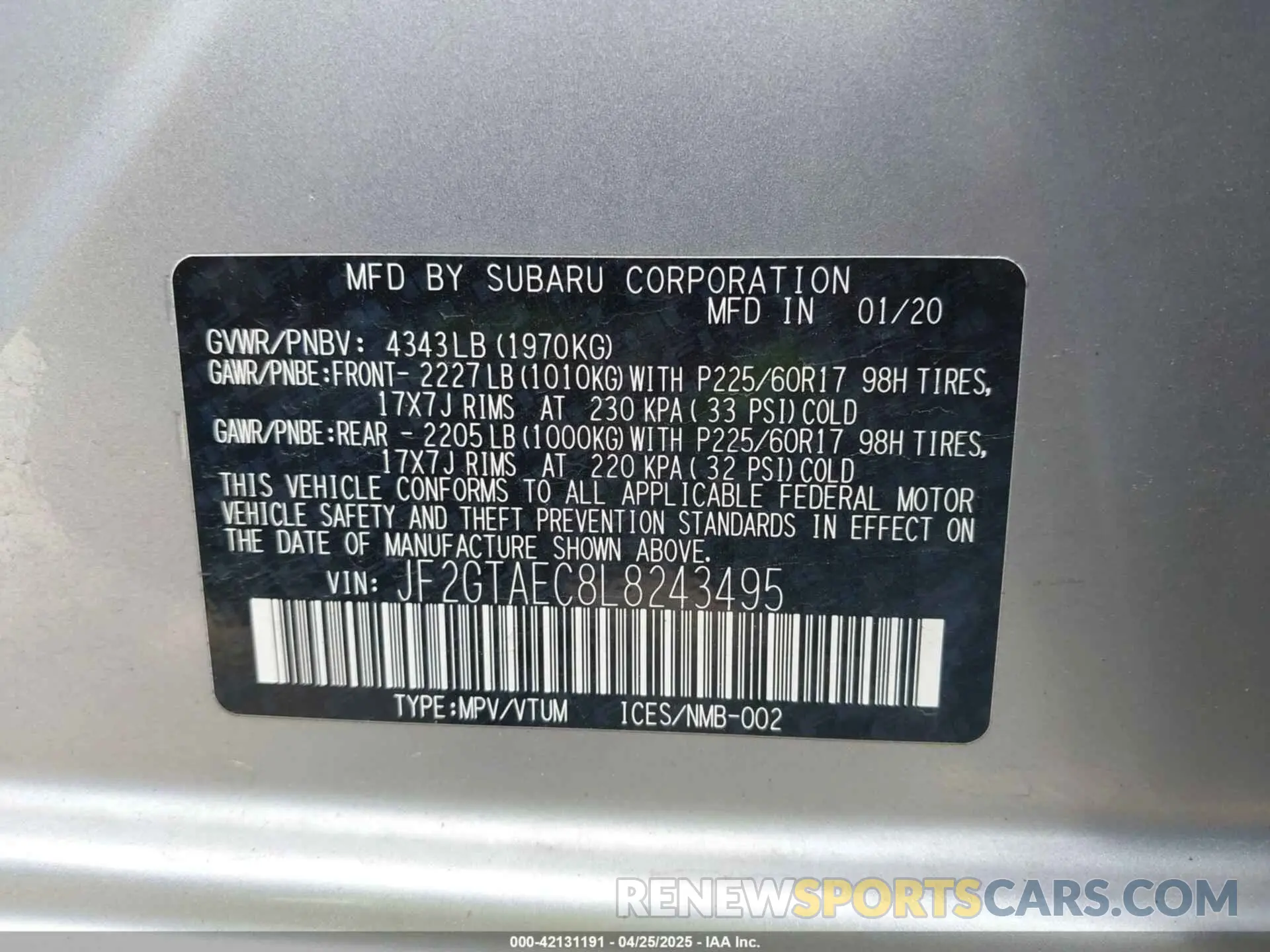 9 Фотография поврежденного автомобиля JF2GTAEC8L8243495 SUBARU CROSSTREK 2020
