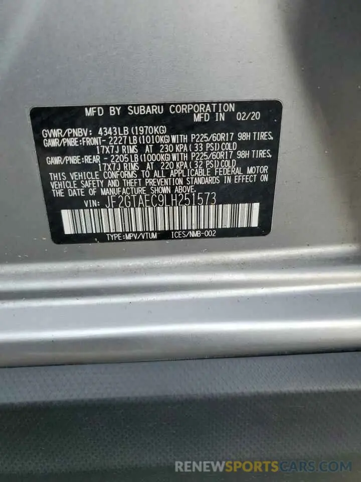 13 Фотография поврежденного автомобиля JF2GTAEC9LH251573 SUBARU CROSSTREK 2020