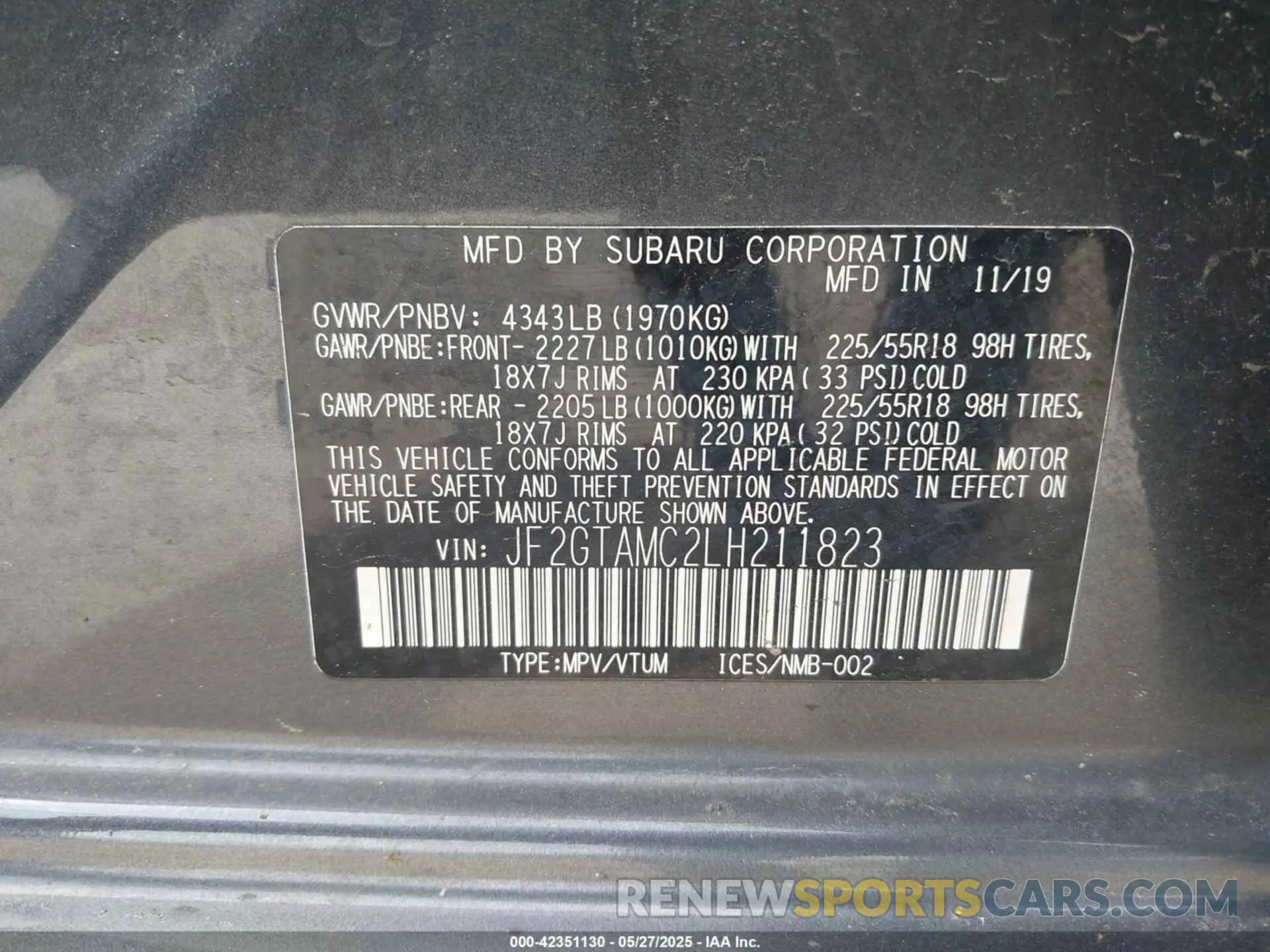 9 Photograph of a damaged car JF2GTAMC2LH211823 SUBARU CROSSTREK 2020