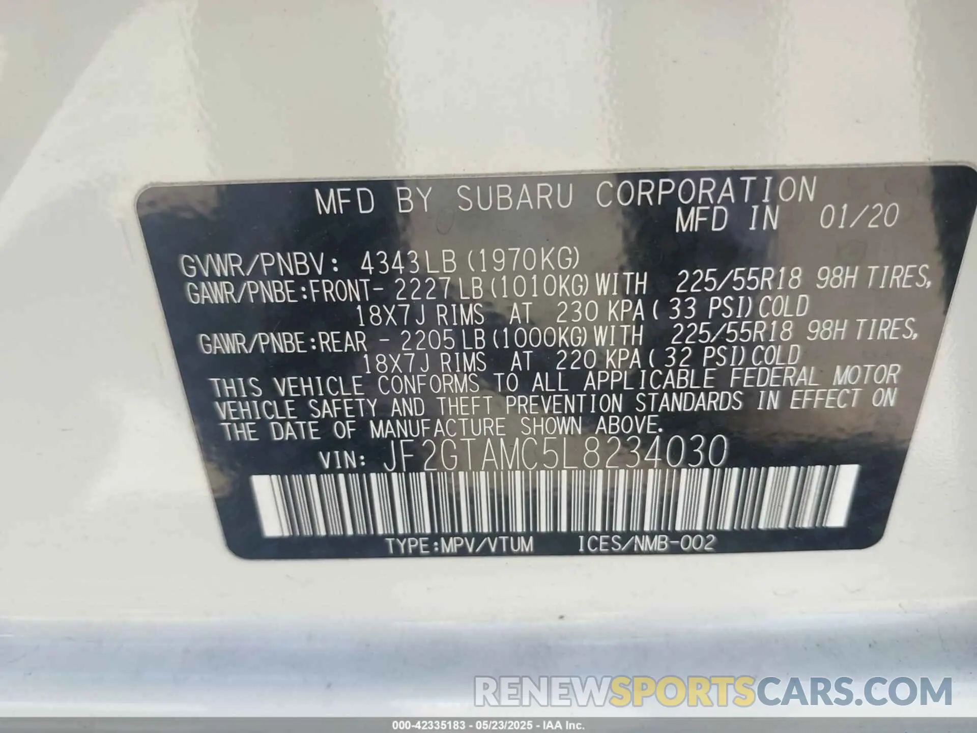 9 Фотография поврежденного автомобиля JF2GTAMC5L8234030 SUBARU CROSSTREK 2020