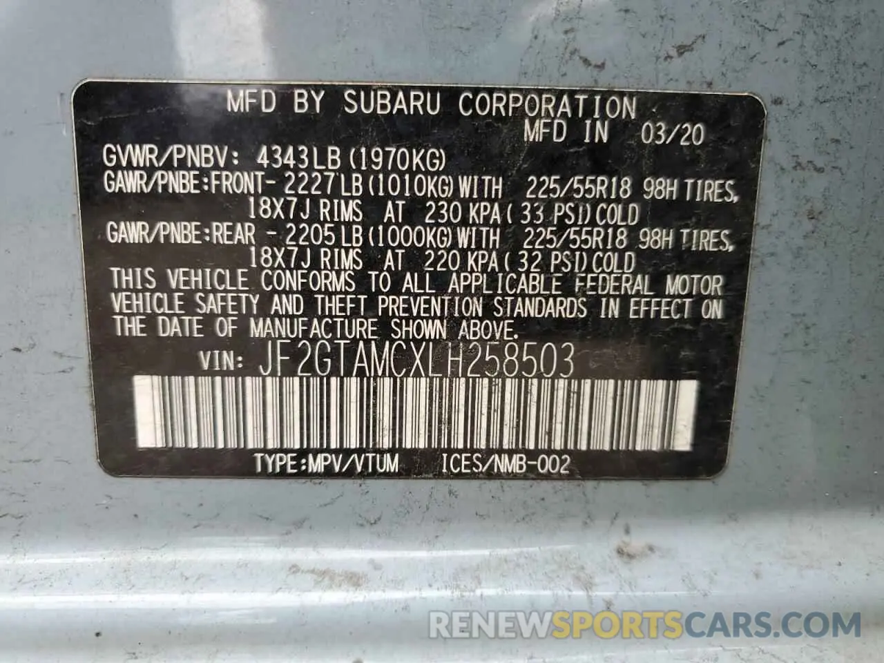14 Фотография поврежденного автомобиля JF2GTAMCXLH258503 SUBARU CROSSTREK 2020