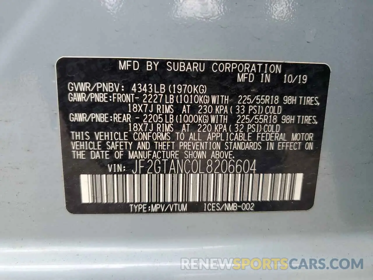 13 Фотография поврежденного автомобиля JF2GTANC0L8206604 SUBARU CROSSTREK 2020