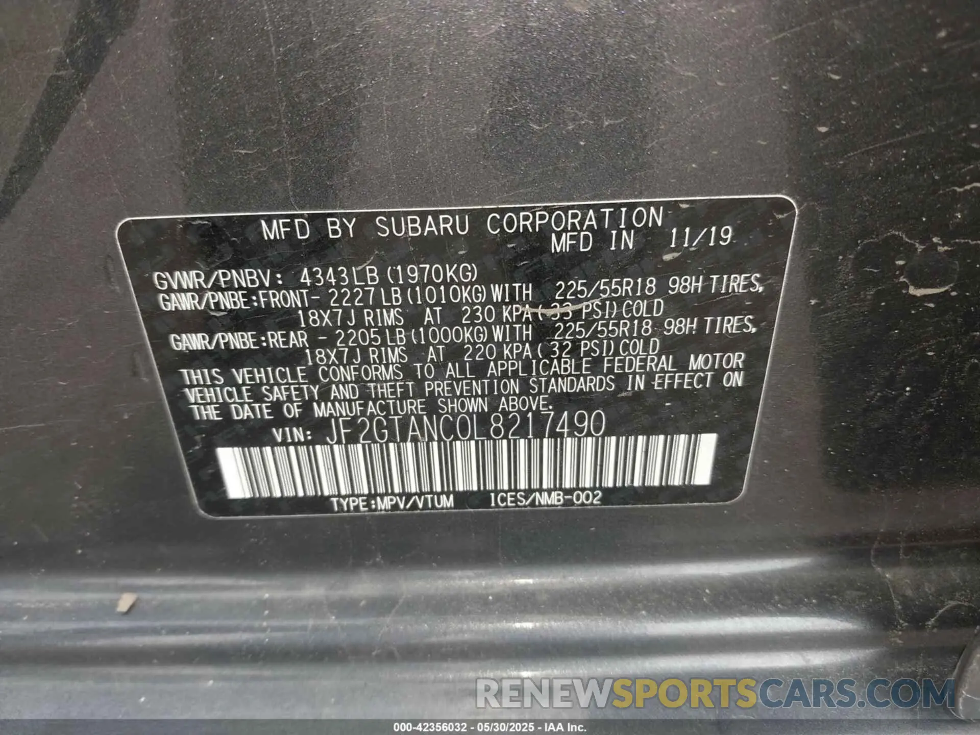 9 Фотография поврежденного автомобиля JF2GTANC0L8217490 SUBARU CROSSTREK 2020
