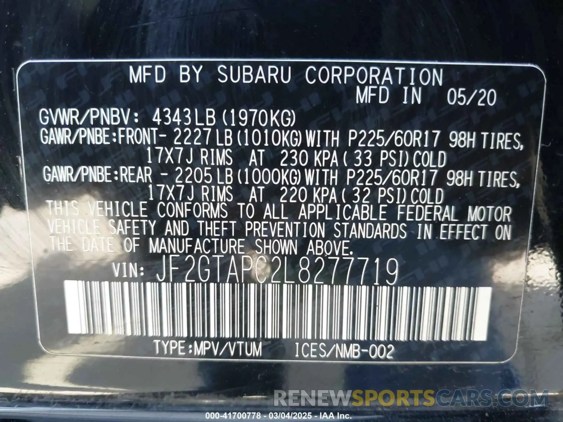 9 Photograph of a damaged car JF2GTAPC2L8277719 SUBARU CROSSTREK 2020