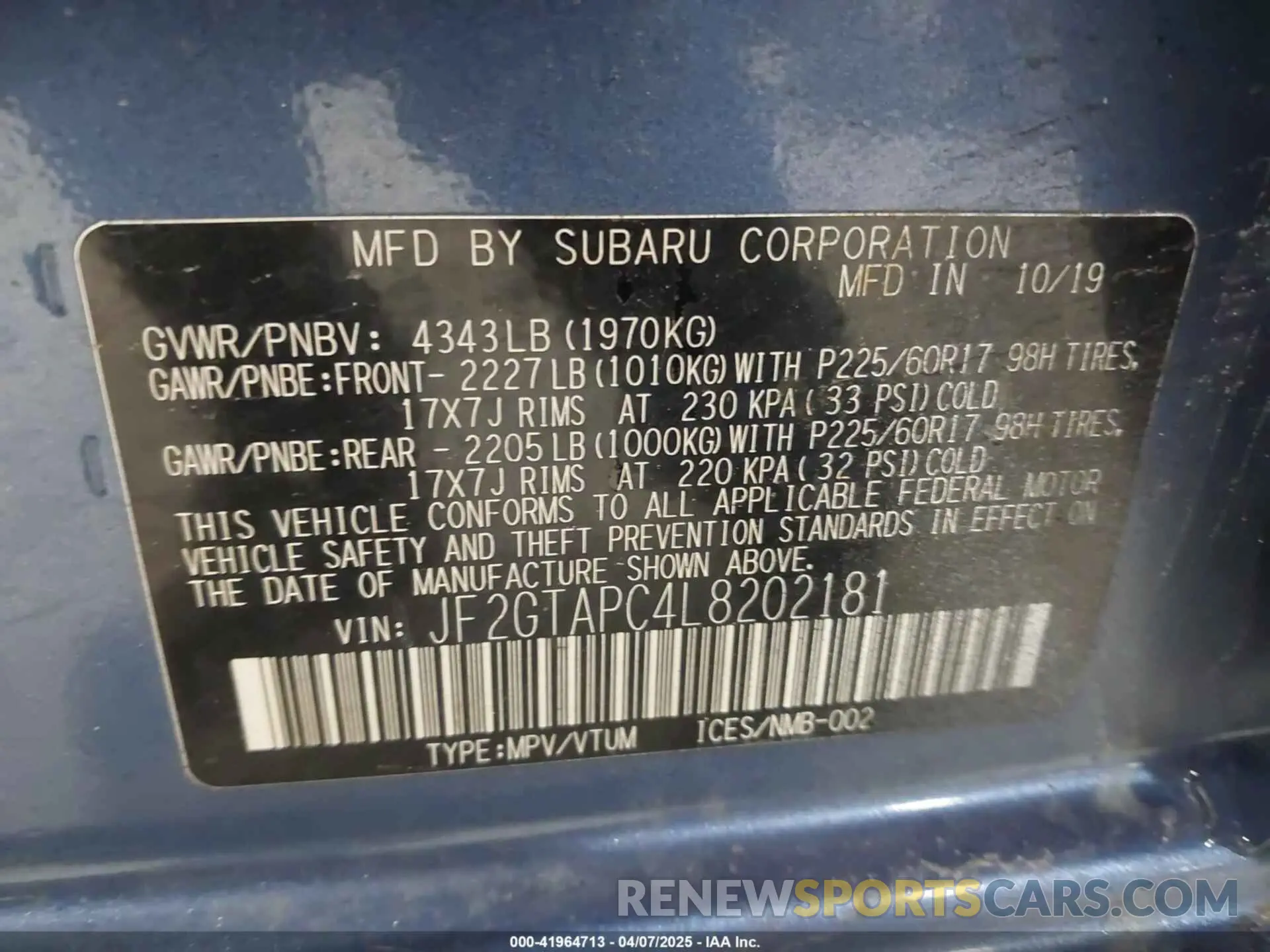 9 Photograph of a damaged car JF2GTAPC4L8202181 SUBARU CROSSTREK 2020