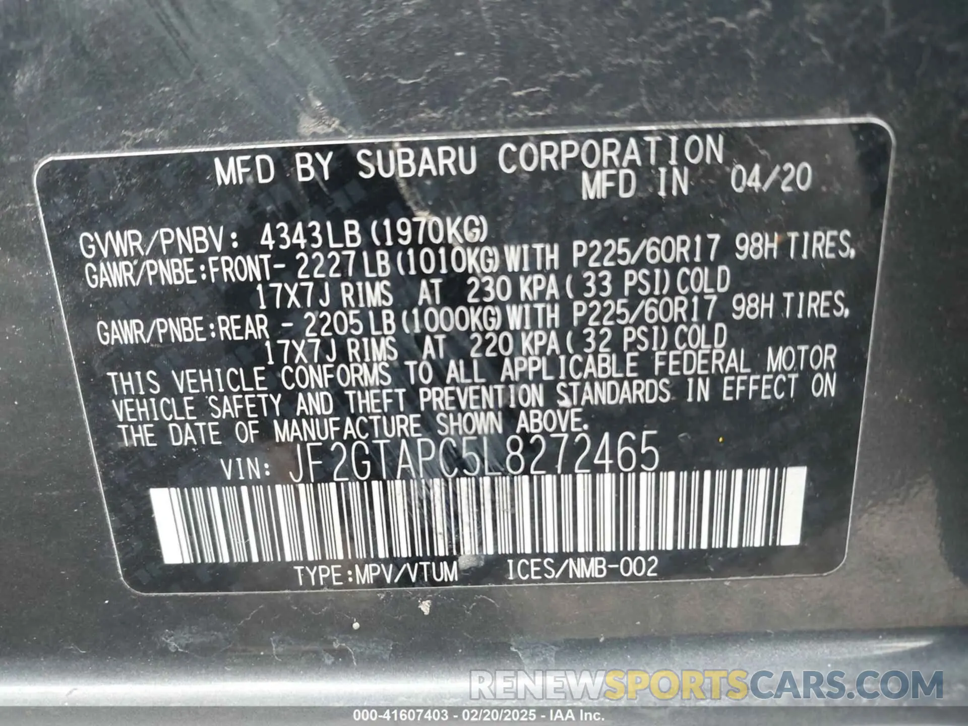 9 Фотография поврежденного автомобиля JF2GTAPC5L8272465 SUBARU CROSSTREK 2020
