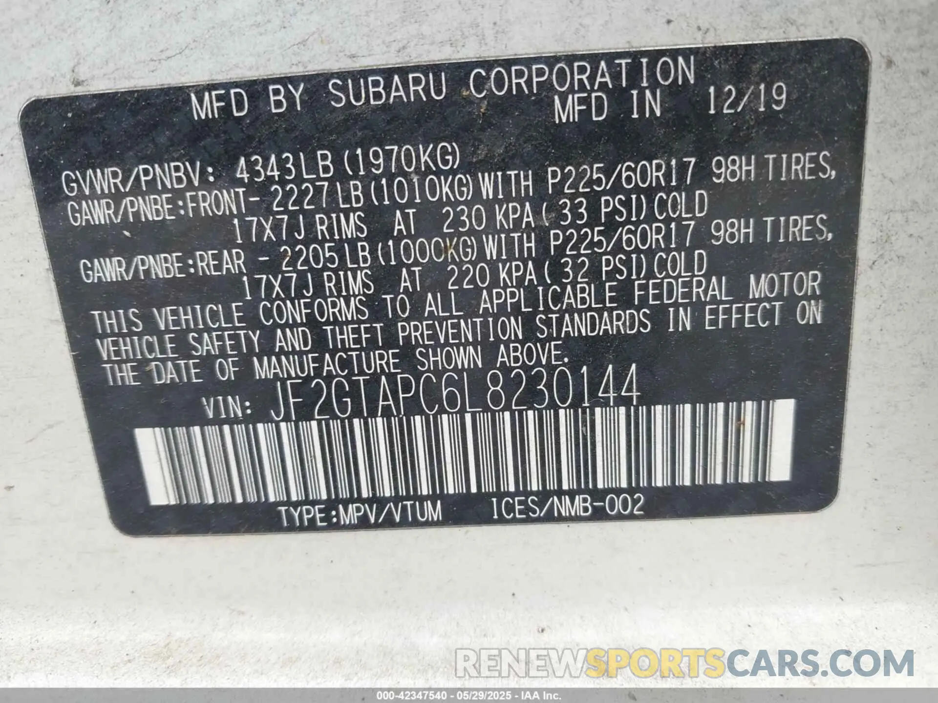 9 Фотография поврежденного автомобиля JF2GTAPC6L8230144 SUBARU CROSSTREK 2020