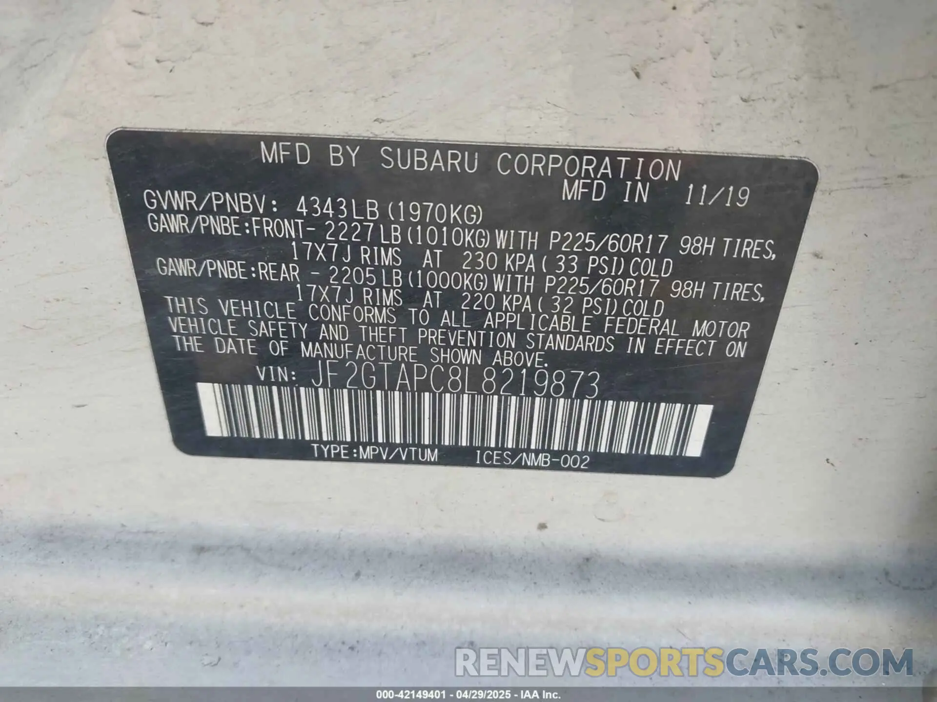 9 Фотография поврежденного автомобиля JF2GTAPC8L8219873 SUBARU CROSSTREK 2020