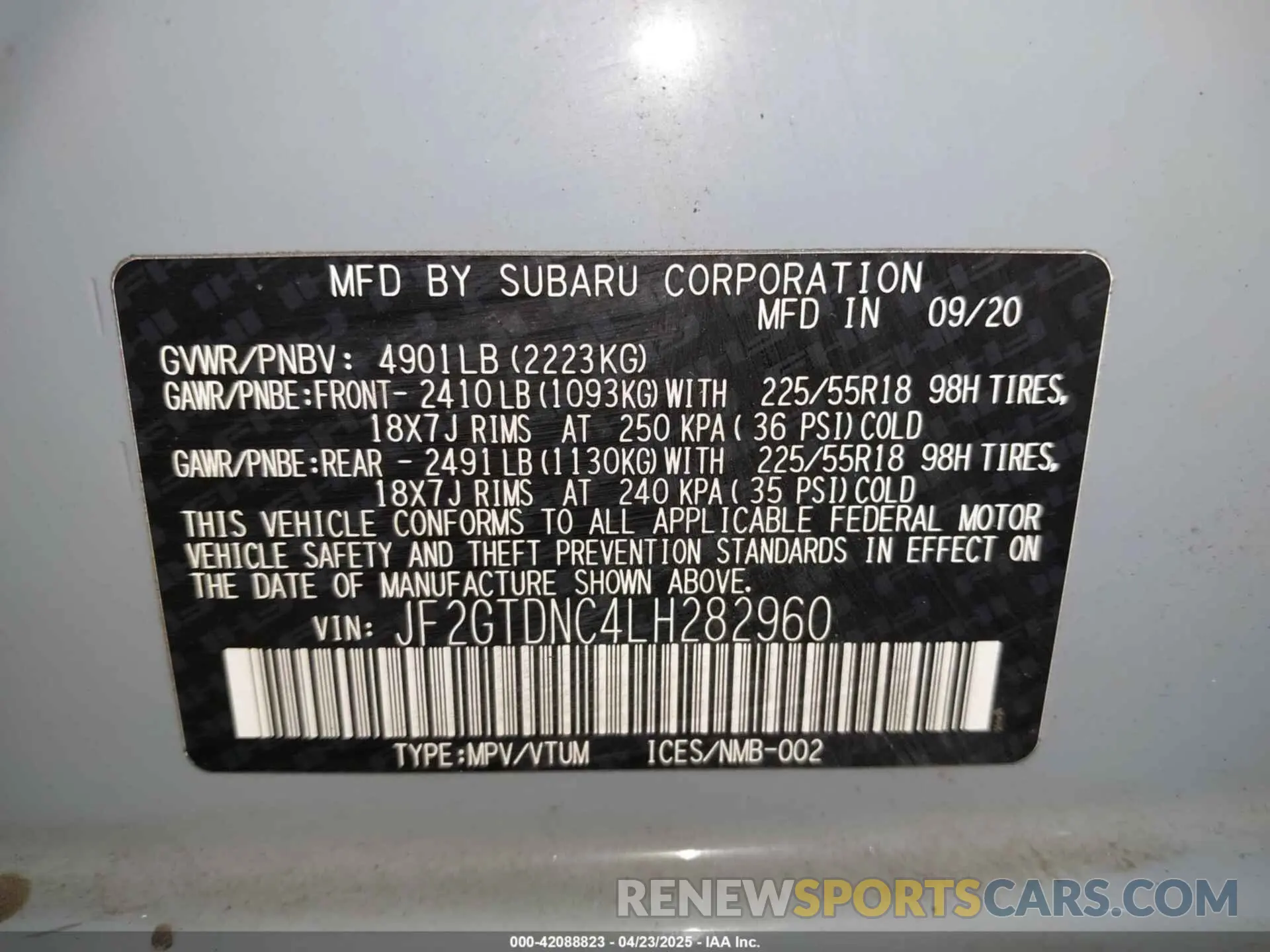 9 Photograph of a damaged car JF2GTDNC4LH282960 SUBARU CROSSTREK 2020
