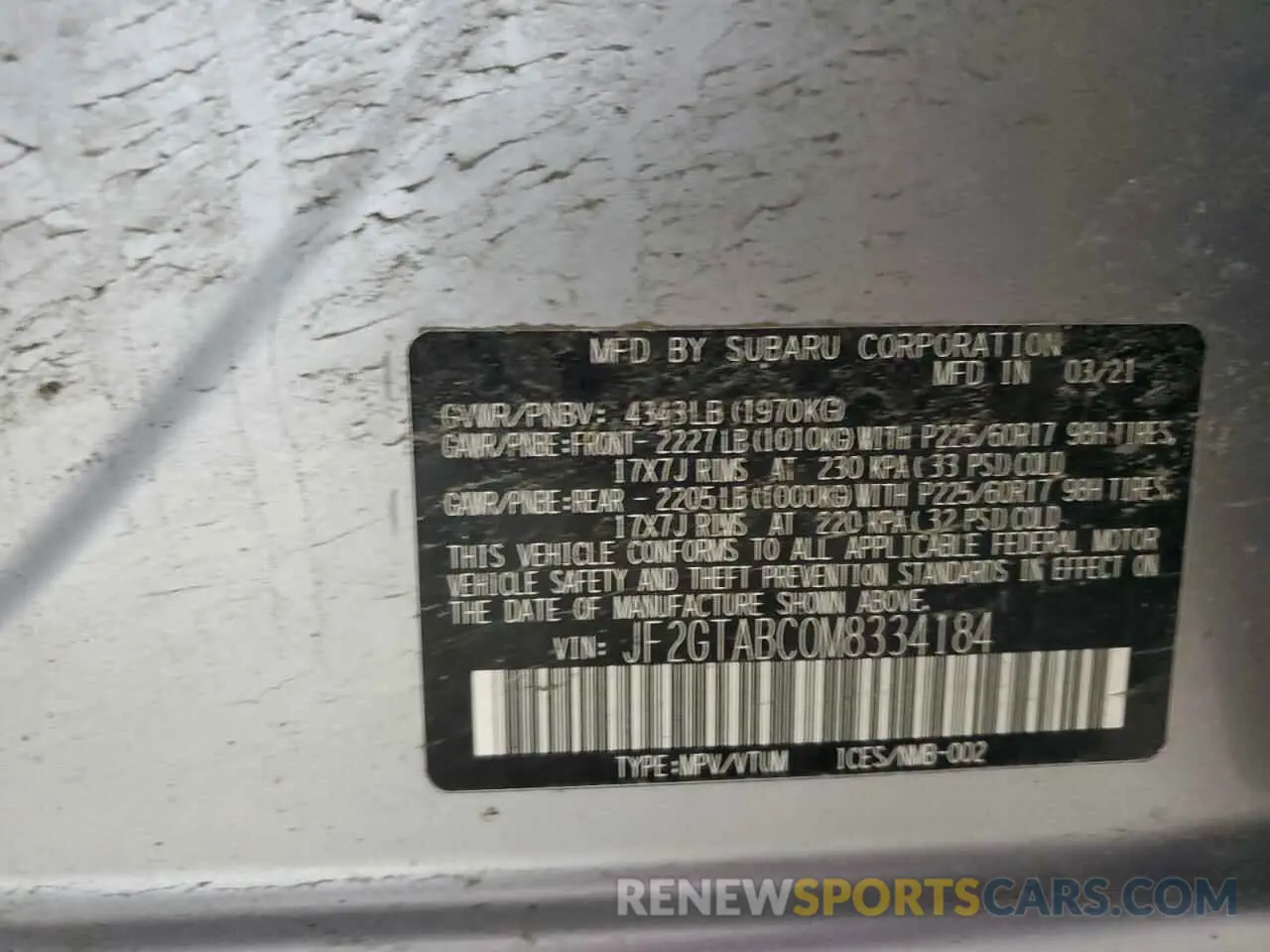14 Фотография поврежденного автомобиля JF2GTABC0M8334184 SUBARU CROSSTREK 2021