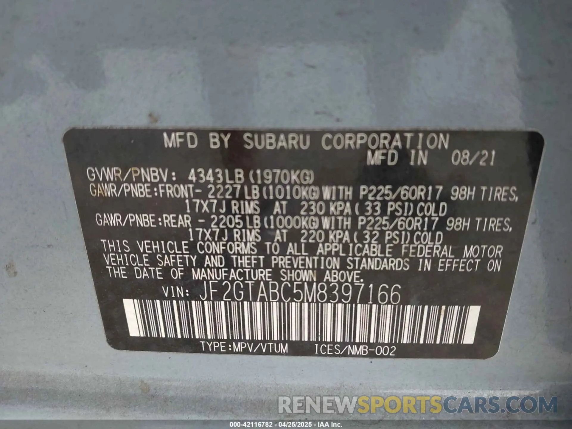 9 Photograph of a damaged car JF2GTABC5M8397166 SUBARU CROSSTREK 2021