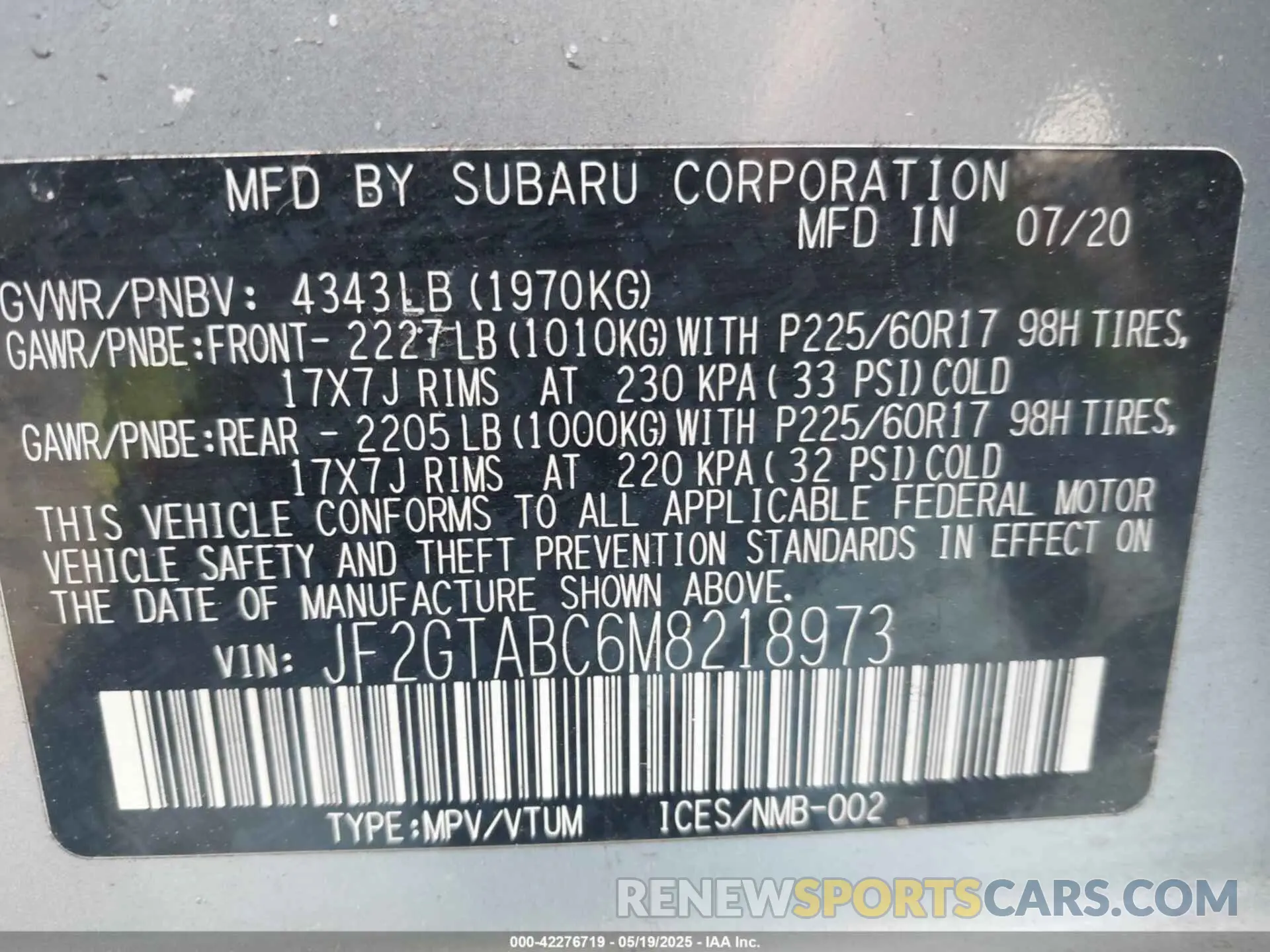 9 Photograph of a damaged car JF2GTABC6M8218973 SUBARU CROSSTREK 2021