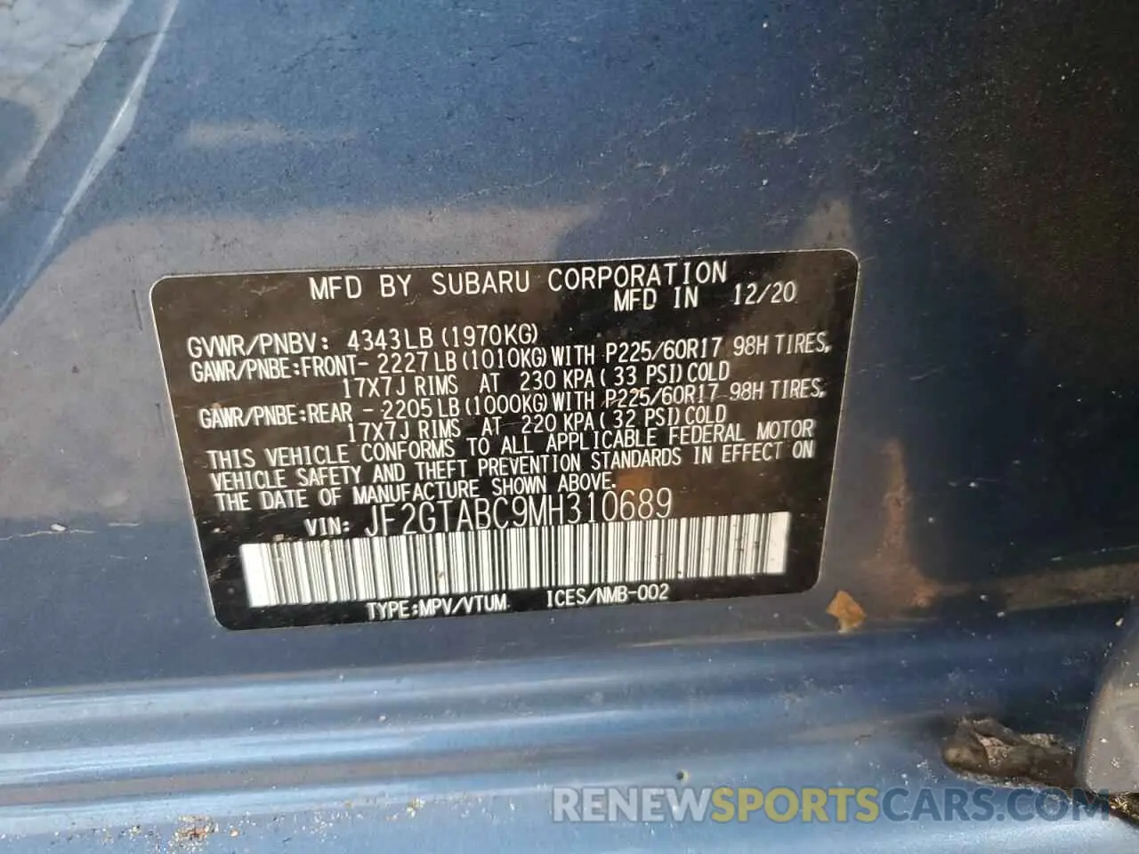 12 Фотография поврежденного автомобиля JF2GTABC9MH310689 SUBARU CROSSTREK 2021
