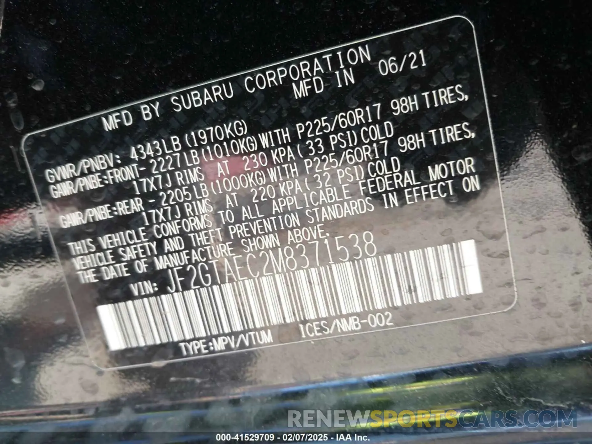9 Photograph of a damaged car JF2GTAEC2M8371538 SUBARU CROSSTREK 2021