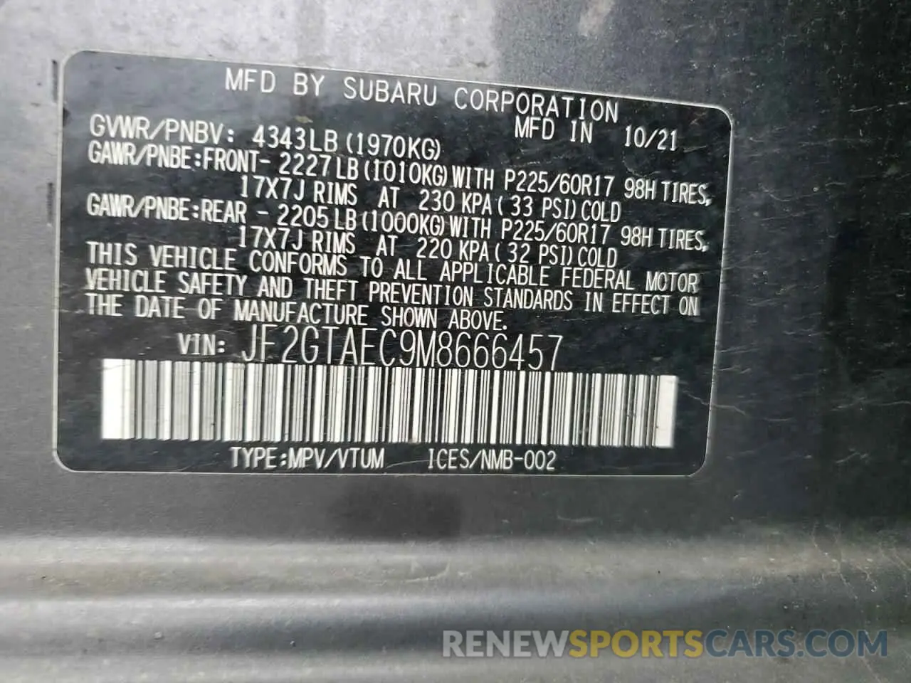 14 Photograph of a damaged car JF2GTAEC9M8666457 SUBARU CROSSTREK 2021