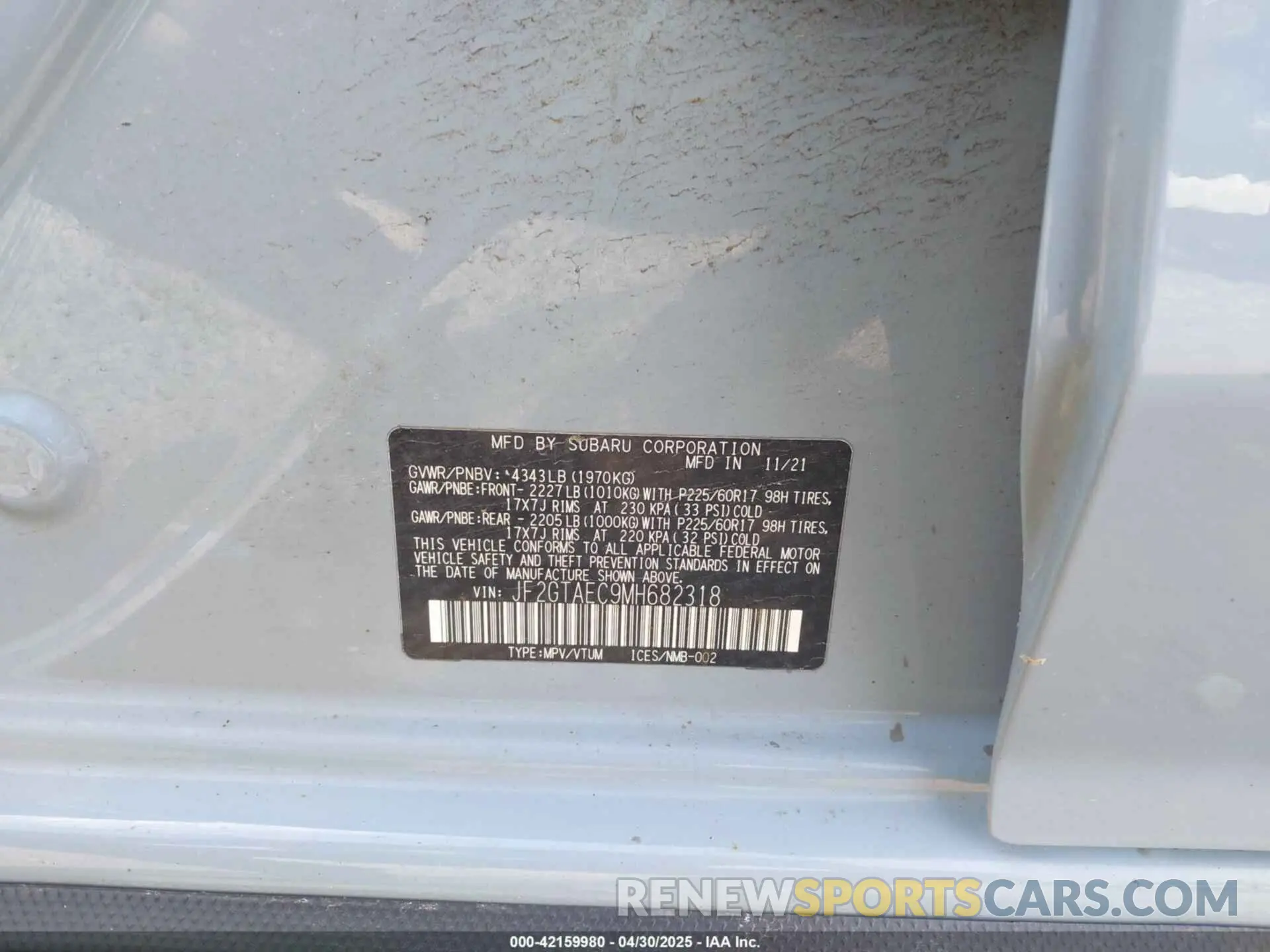 9 Photograph of a damaged car JF2GTAEC9MH682318 SUBARU CROSSTREK 2021