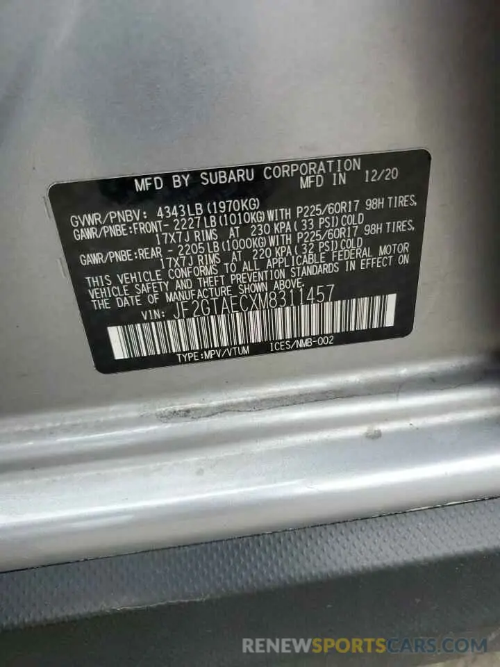 13 Photograph of a damaged car JF2GTAECXM8311457 SUBARU CROSSTREK 2021