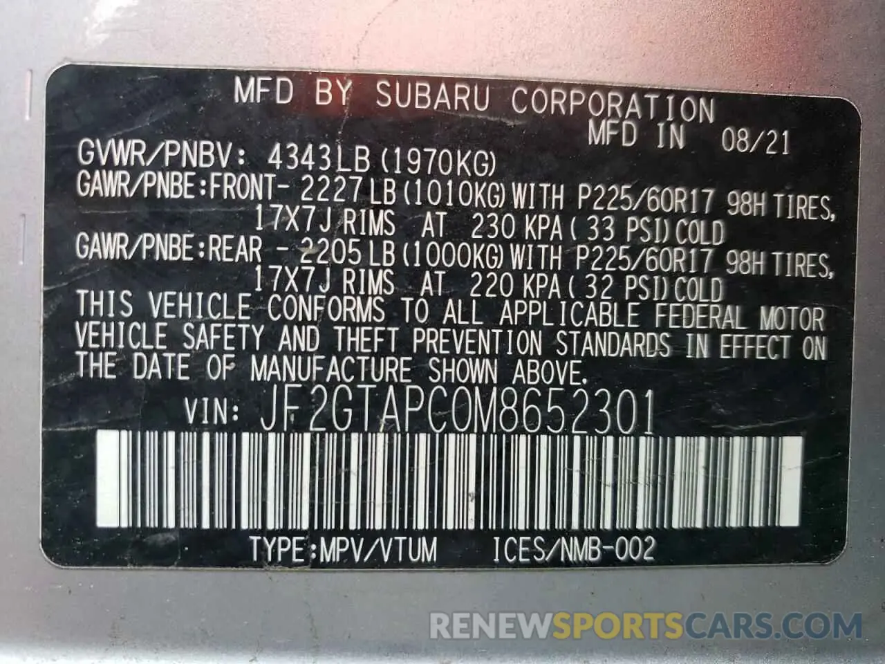 13 Photograph of a damaged car JF2GTAPC0M8652301 SUBARU CROSSTREK 2021