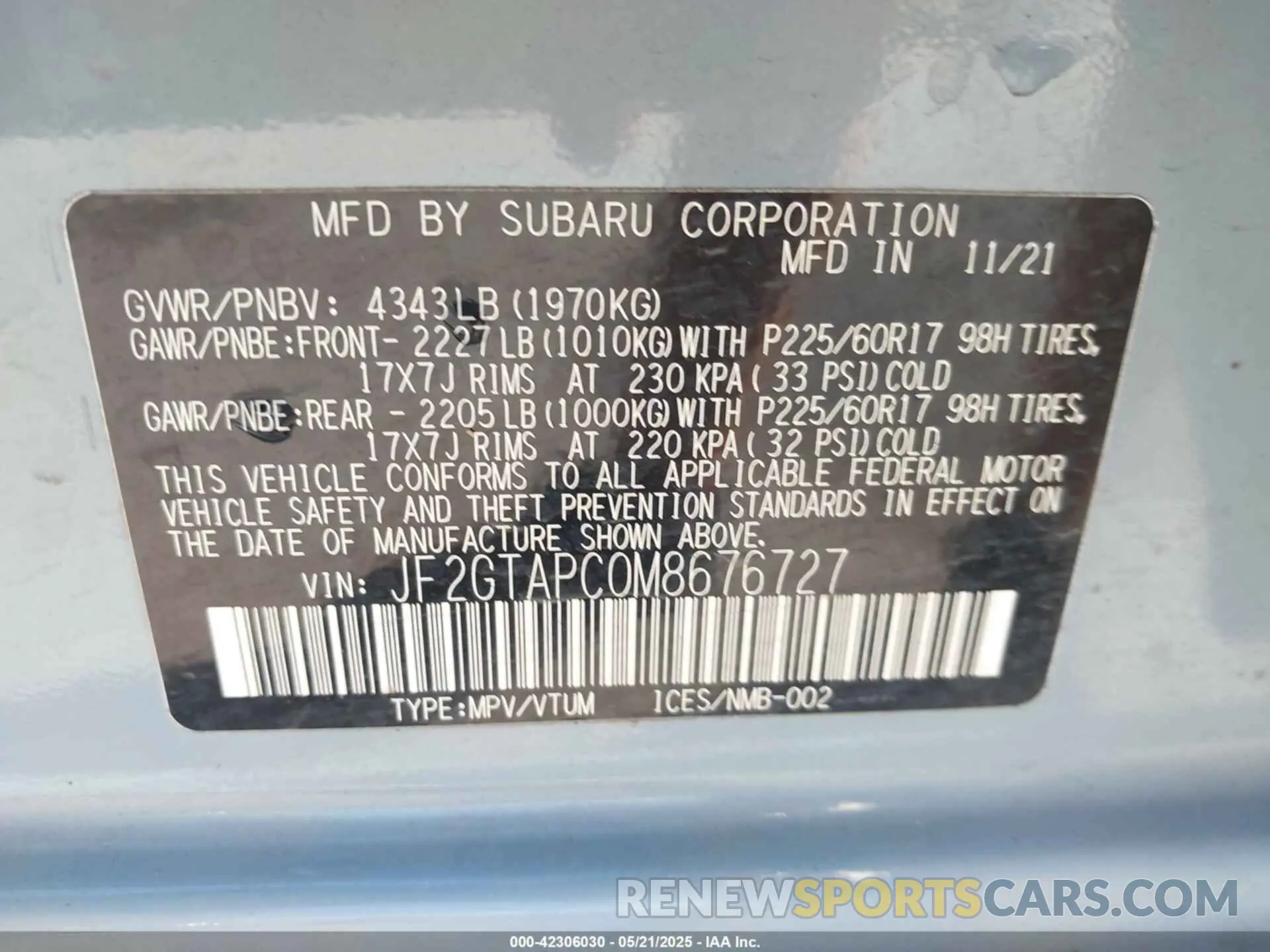 9 Фотография поврежденного автомобиля JF2GTAPC0M8676727 SUBARU CROSSTREK 2021