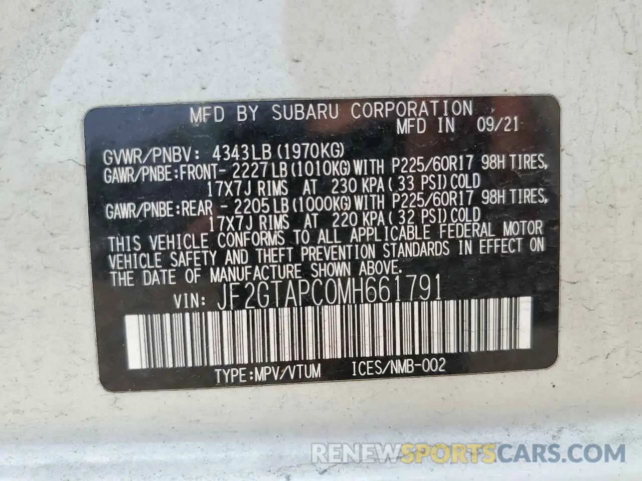 13 Photograph of a damaged car JF2GTAPC0MH661791 SUBARU CROSSTREK 2021