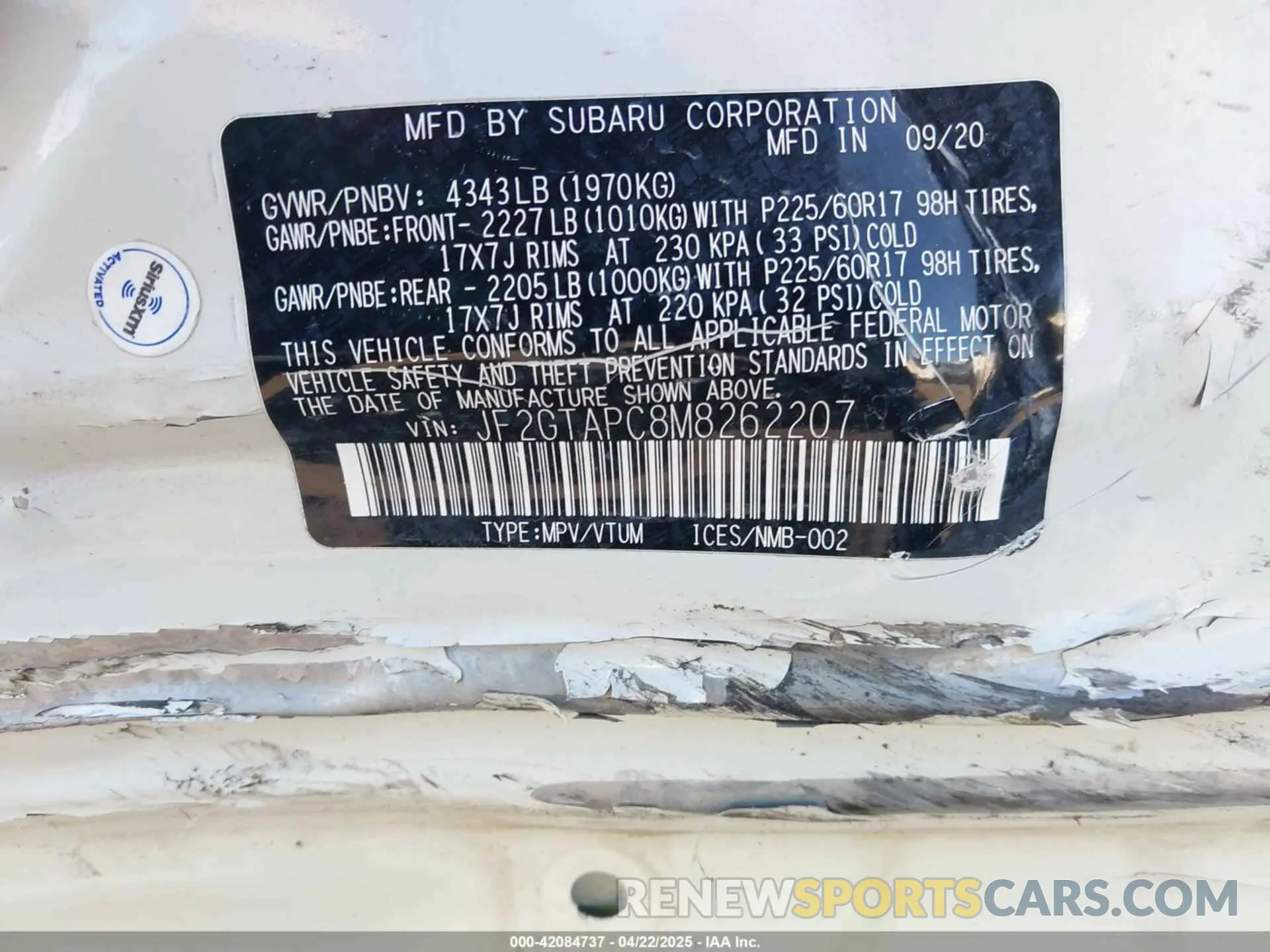 9 Photograph of a damaged car JF2GTAPC8M8262207 SUBARU CROSSTREK 2021