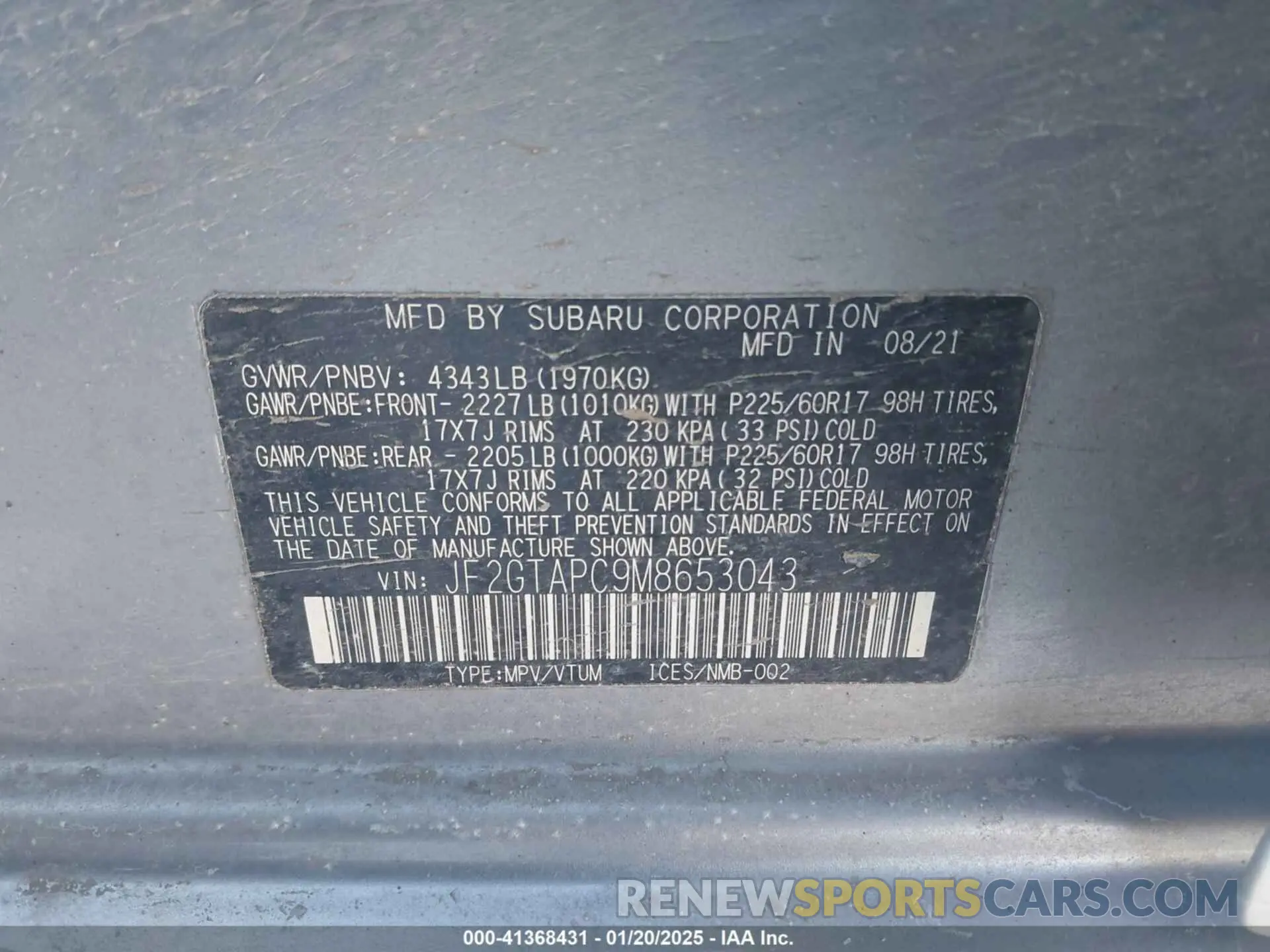 9 Фотография поврежденного автомобиля JF2GTAPC9M8653043 SUBARU CROSSTREK 2021