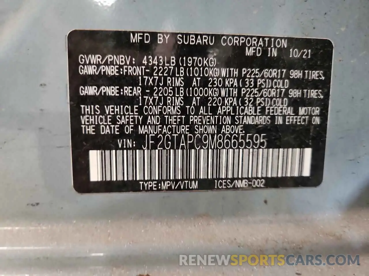 12 Photograph of a damaged car JF2GTAPC9M8665595 SUBARU CROSSTREK 2021