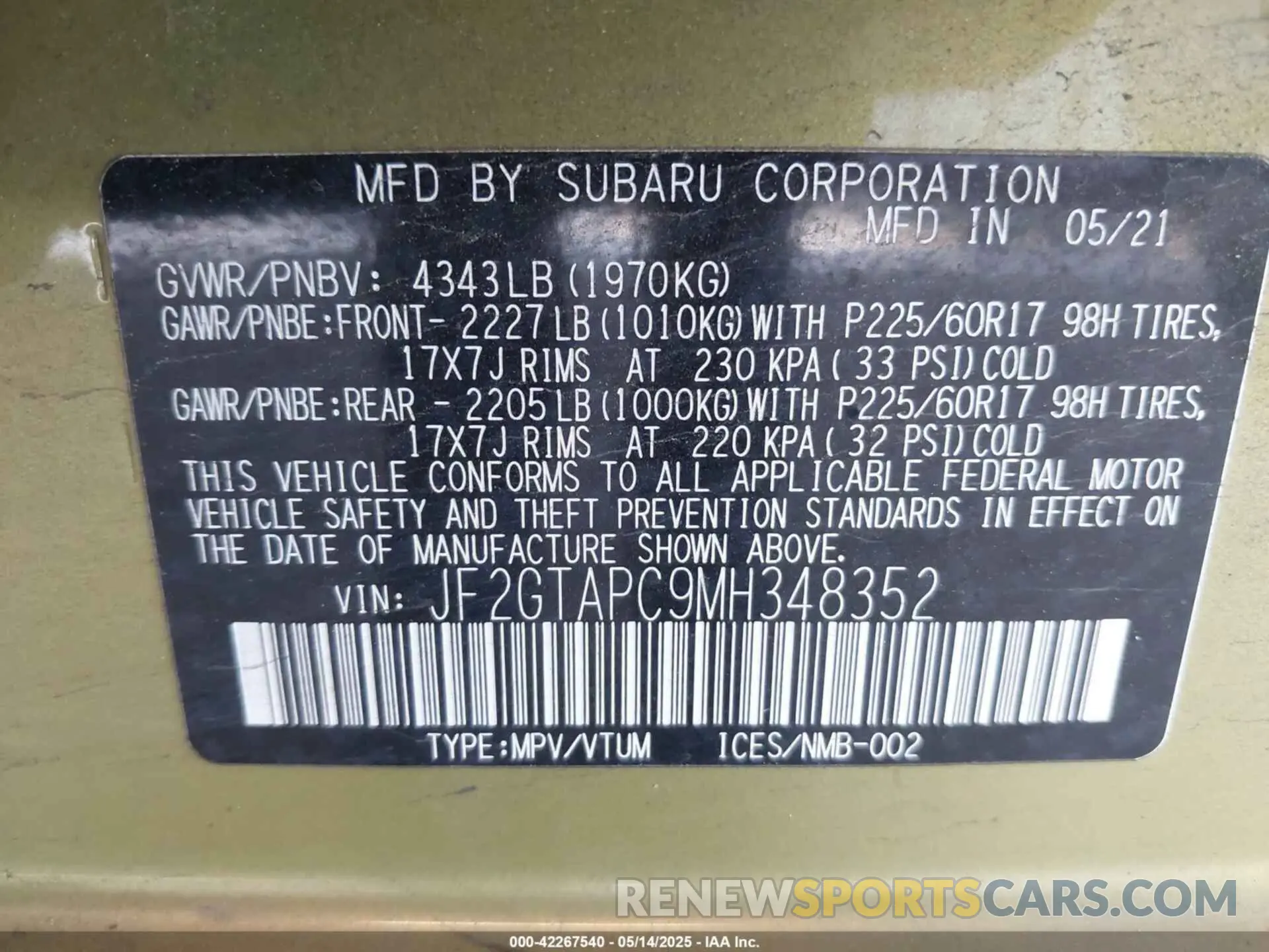 9 Photograph of a damaged car JF2GTAPC9MH348352 SUBARU CROSSTREK 2021