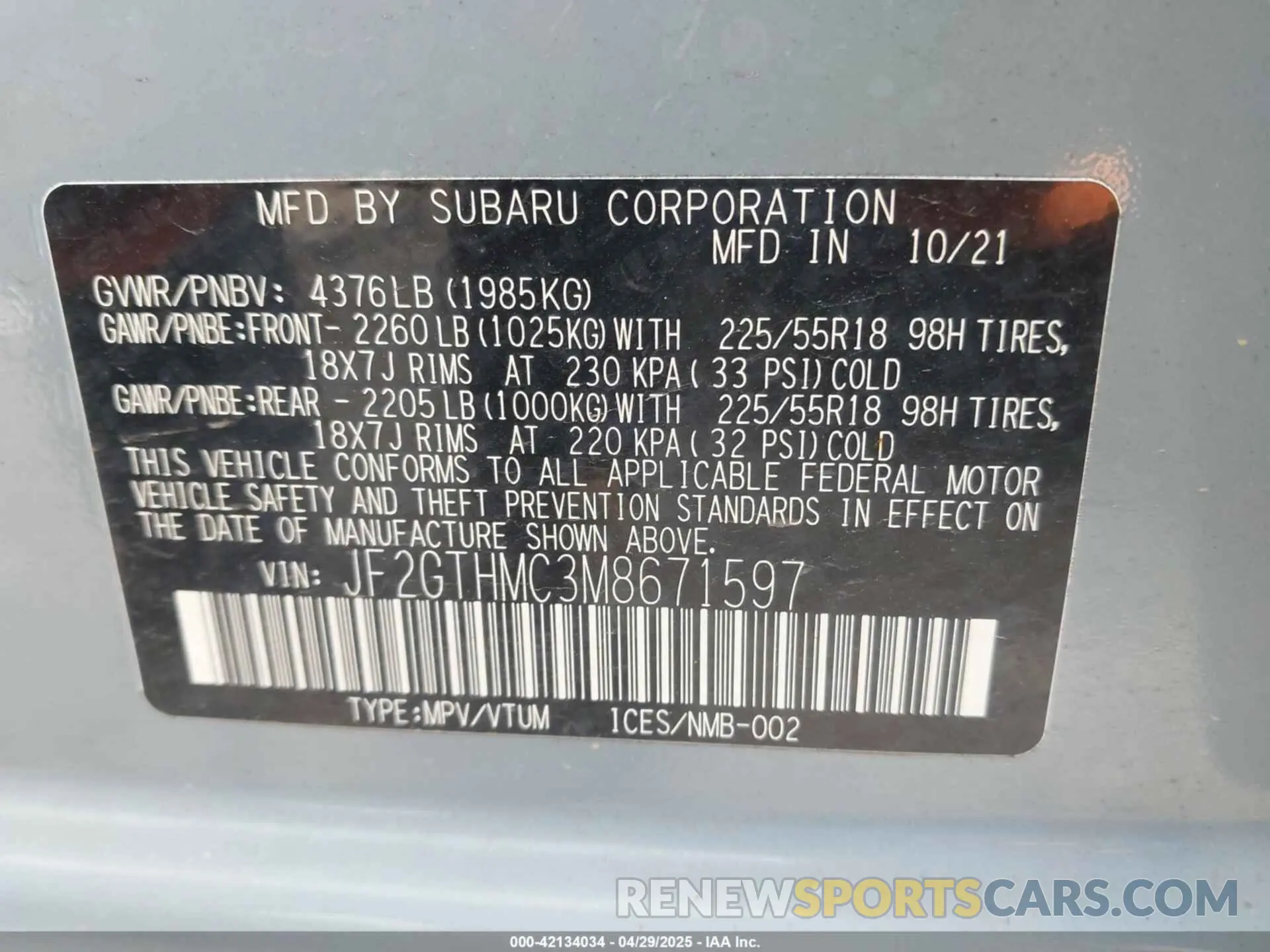 9 Photograph of a damaged car JF2GTHMC3M8671597 SUBARU CROSSTREK 2021