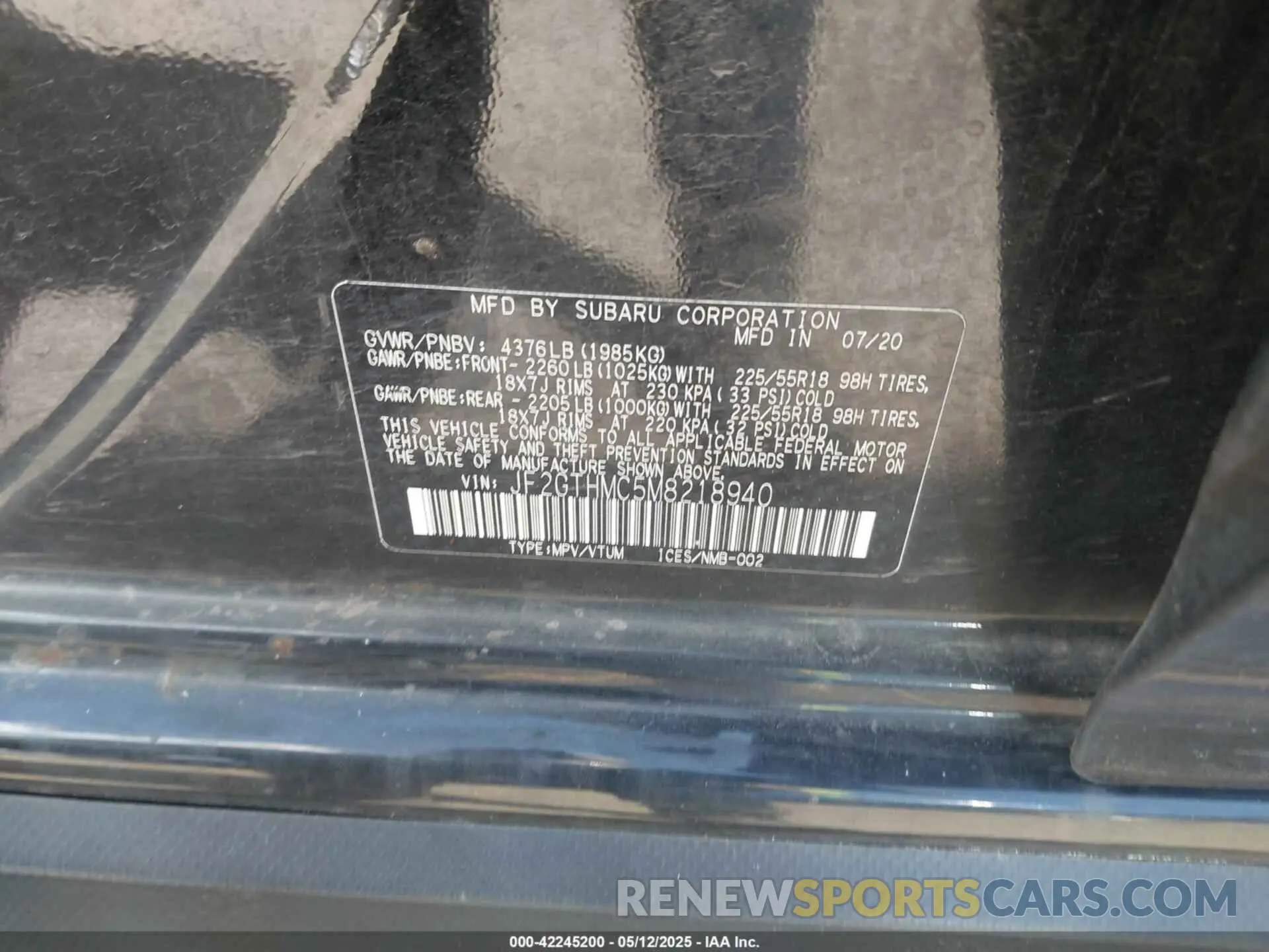 9 Фотография поврежденного автомобиля JF2GTHMC5M8218940 SUBARU CROSSTREK 2021