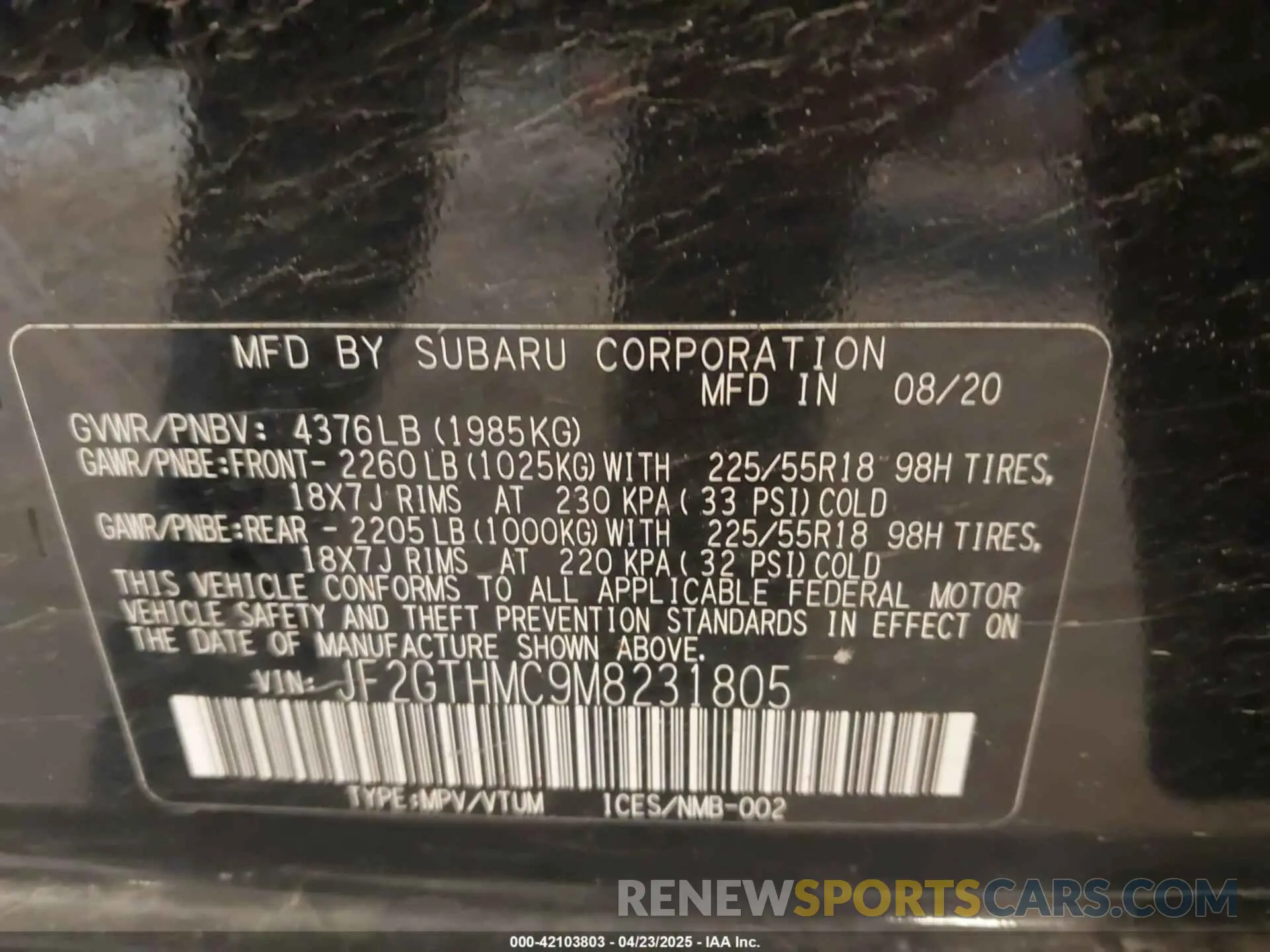 9 Фотография поврежденного автомобиля JF2GTHMC9M8231805 SUBARU CROSSTREK 2021