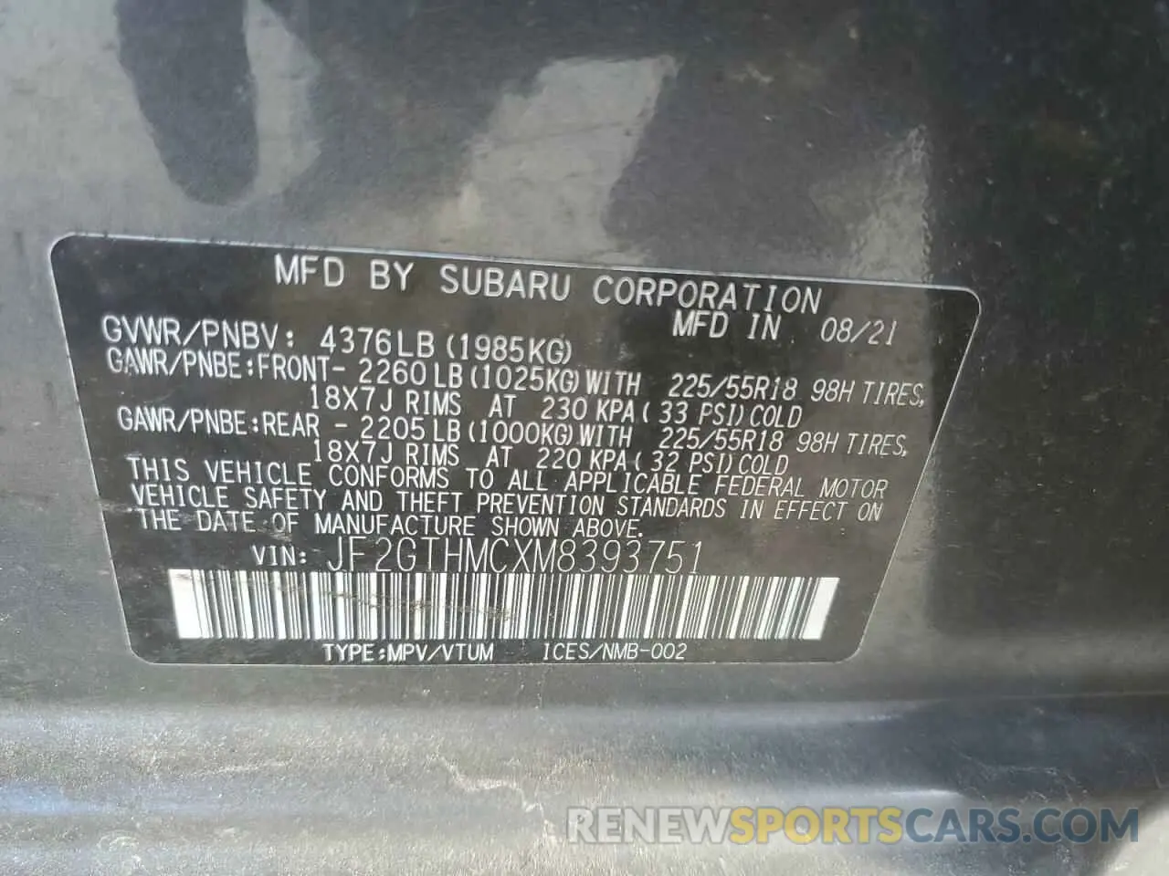 13 Photograph of a damaged car JF2GTHMCXM8393751 SUBARU CROSSTREK 2021