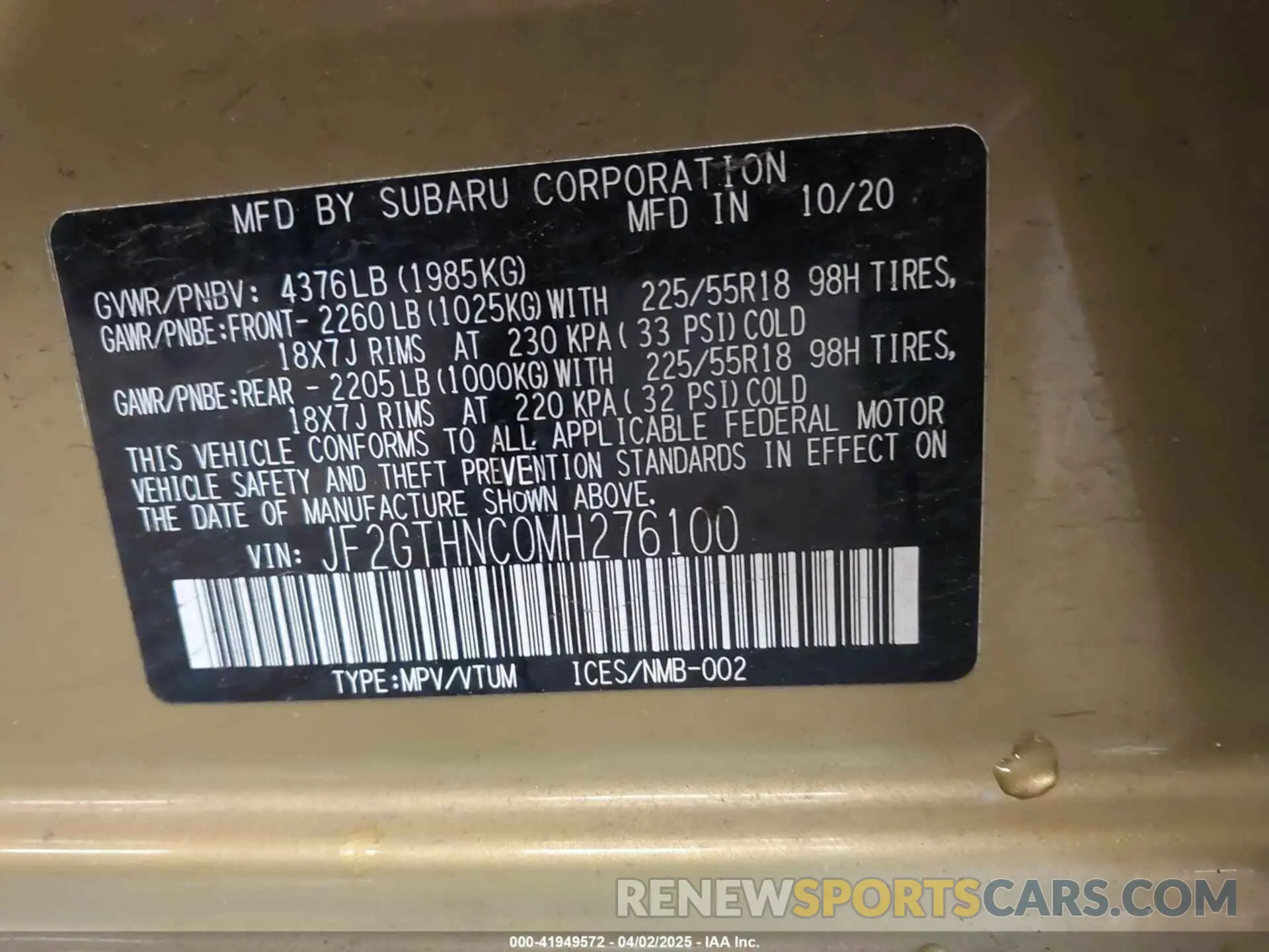 9 Фотография поврежденного автомобиля JF2GTHNC0MH276100 SUBARU CROSSTREK 2021