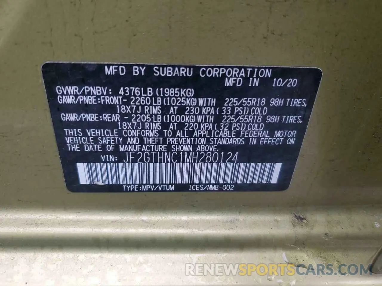 12 Фотография поврежденного автомобиля JF2GTHNC1MH280124 SUBARU CROSSTREK 2021