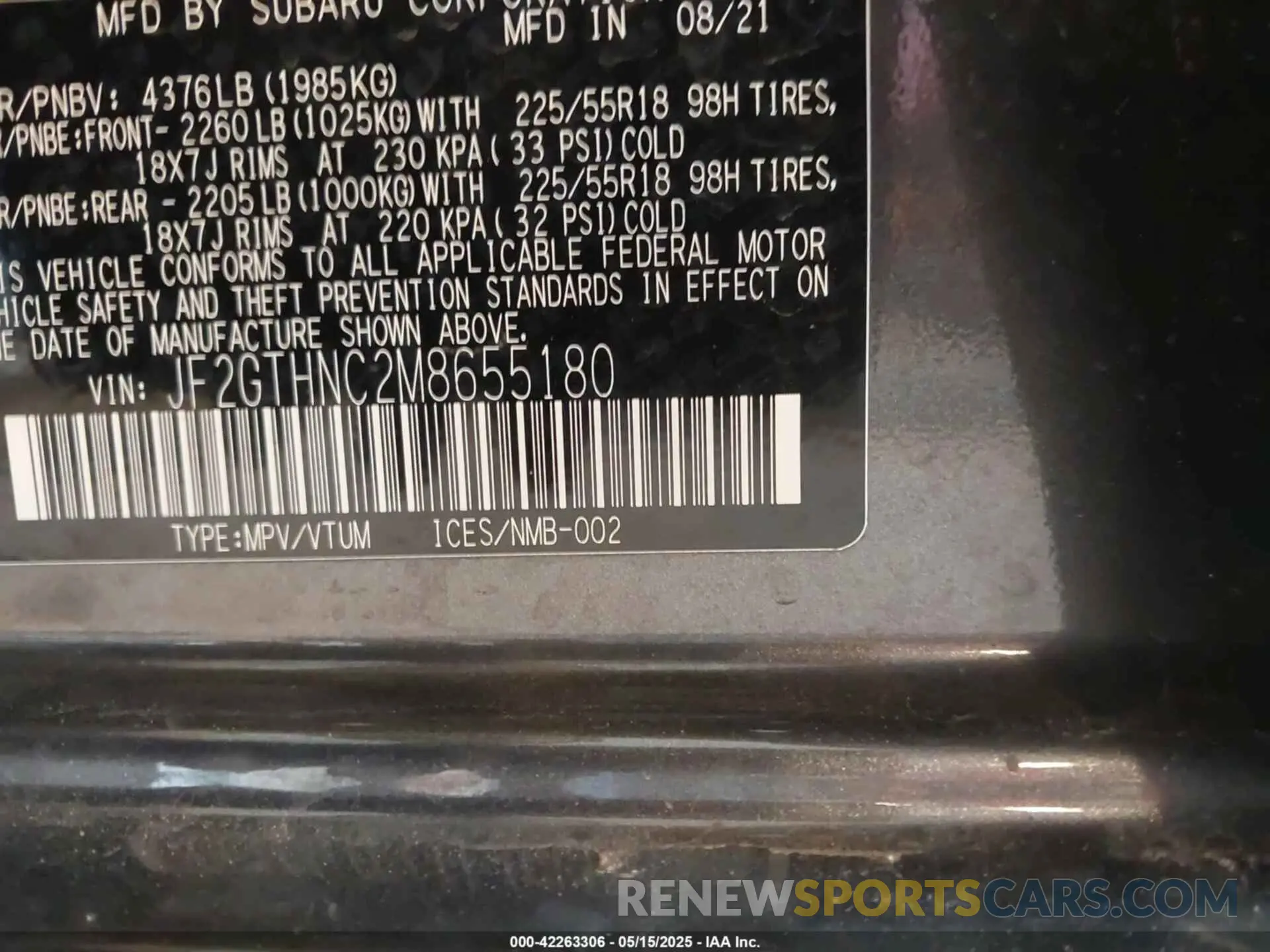 9 Photograph of a damaged car JF2GTHNC2M8655180 SUBARU CROSSTREK 2021