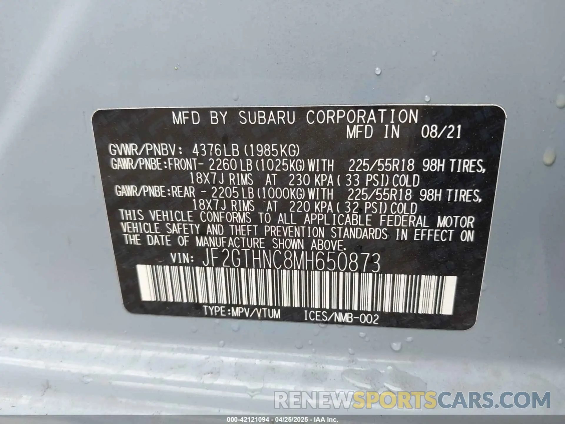 9 Photograph of a damaged car JF2GTHNC8MH650873 SUBARU CROSSTREK 2021