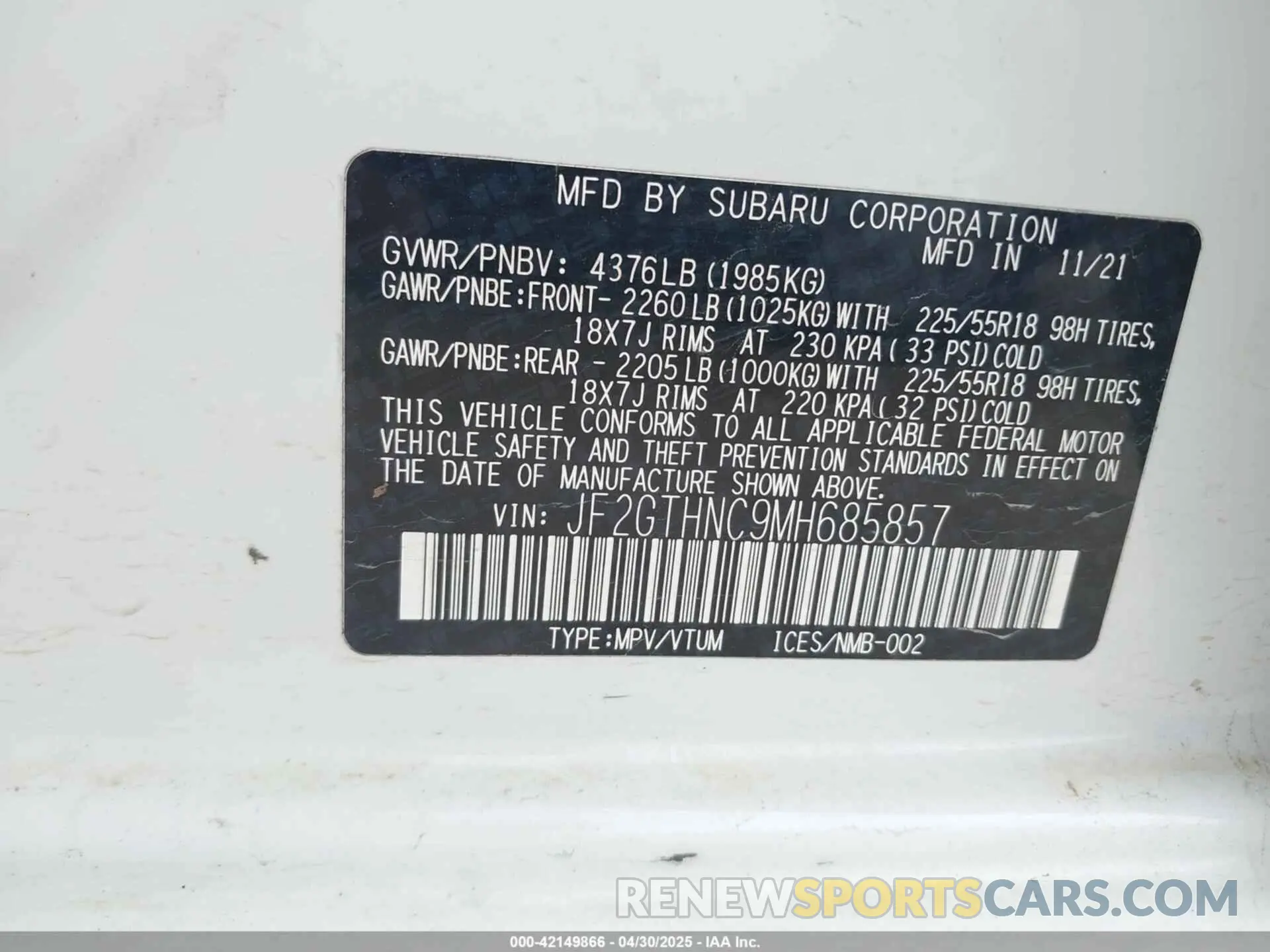 9 Photograph of a damaged car JF2GTHNC9MH685857 SUBARU CROSSTREK 2021