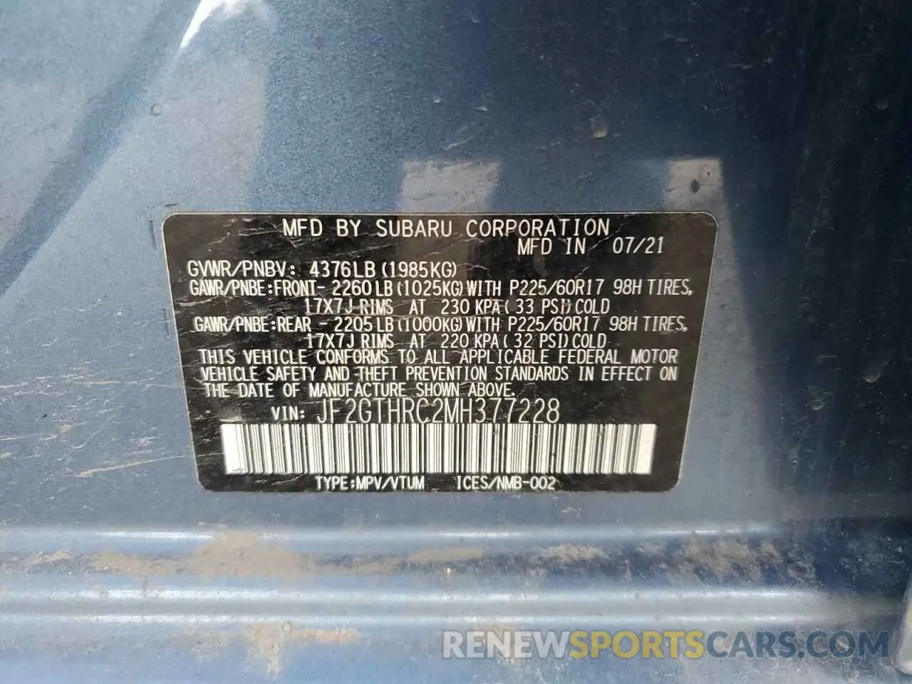 12 Photograph of a damaged car JF2GTHRC2MH377228 SUBARU CROSSTREK 2021