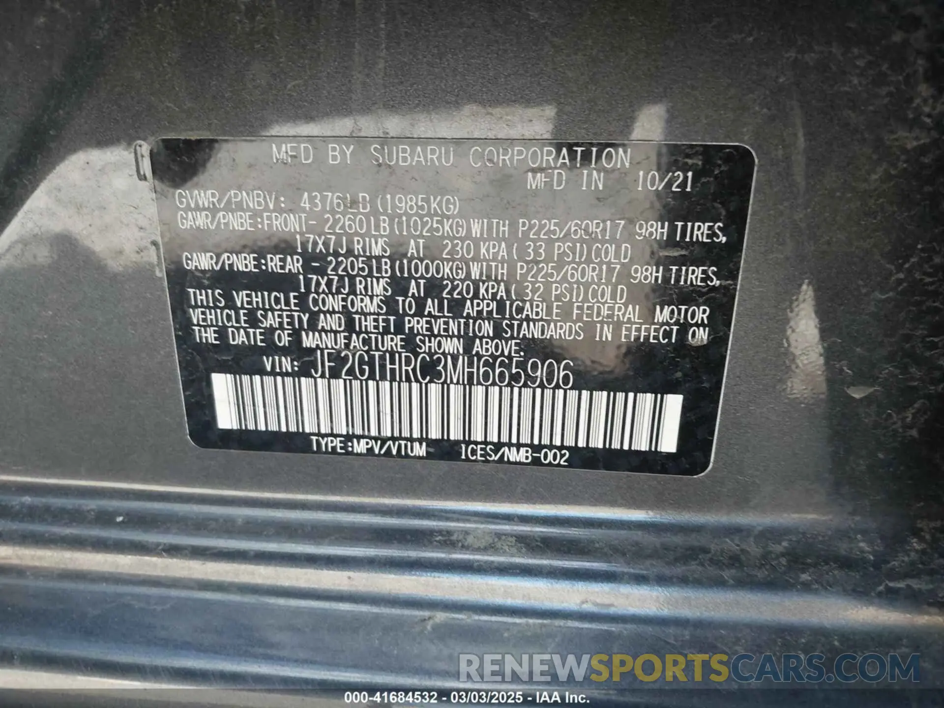 9 Фотография поврежденного автомобиля JF2GTHRC3MH665906 SUBARU CROSSTREK 2021