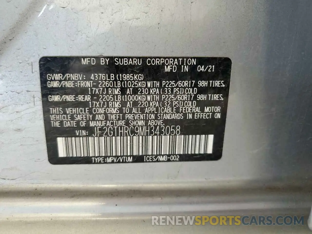 12 Photograph of a damaged car JF2GTHRC9MH343058 SUBARU CROSSTREK 2021