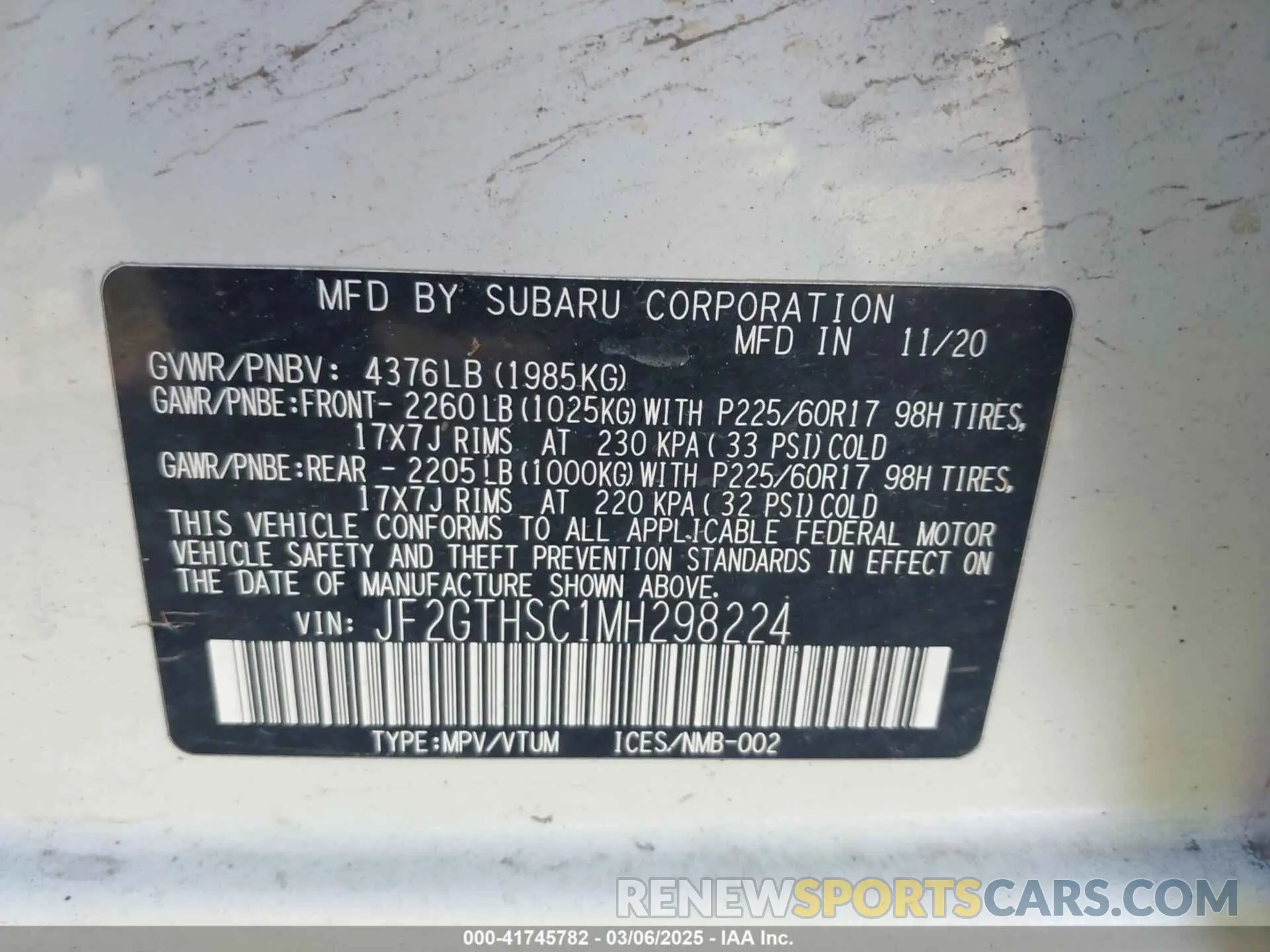 9 Photograph of a damaged car JF2GTHSC1MH298224 SUBARU CROSSTREK 2021