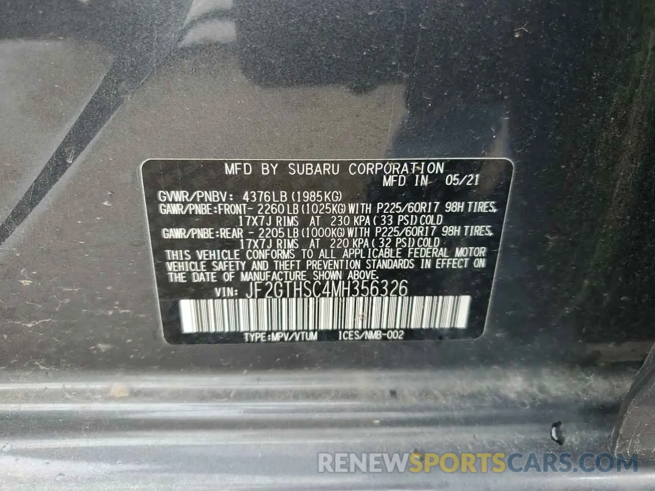 12 Фотография поврежденного автомобиля JF2GTHSC4MH356326 SUBARU CROSSTREK 2021