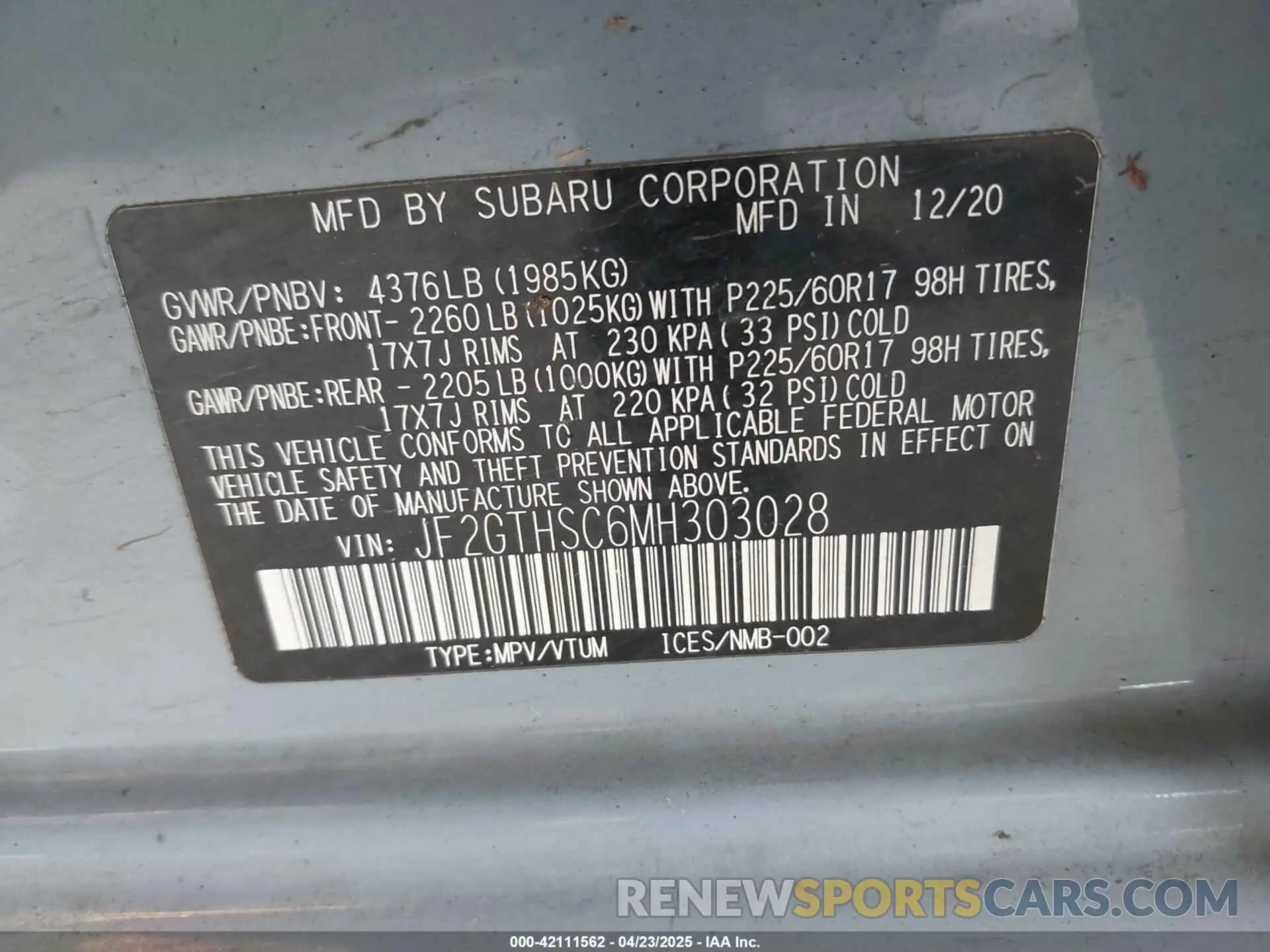 9 Photograph of a damaged car JF2GTHSC6MH303028 SUBARU CROSSTREK 2021
