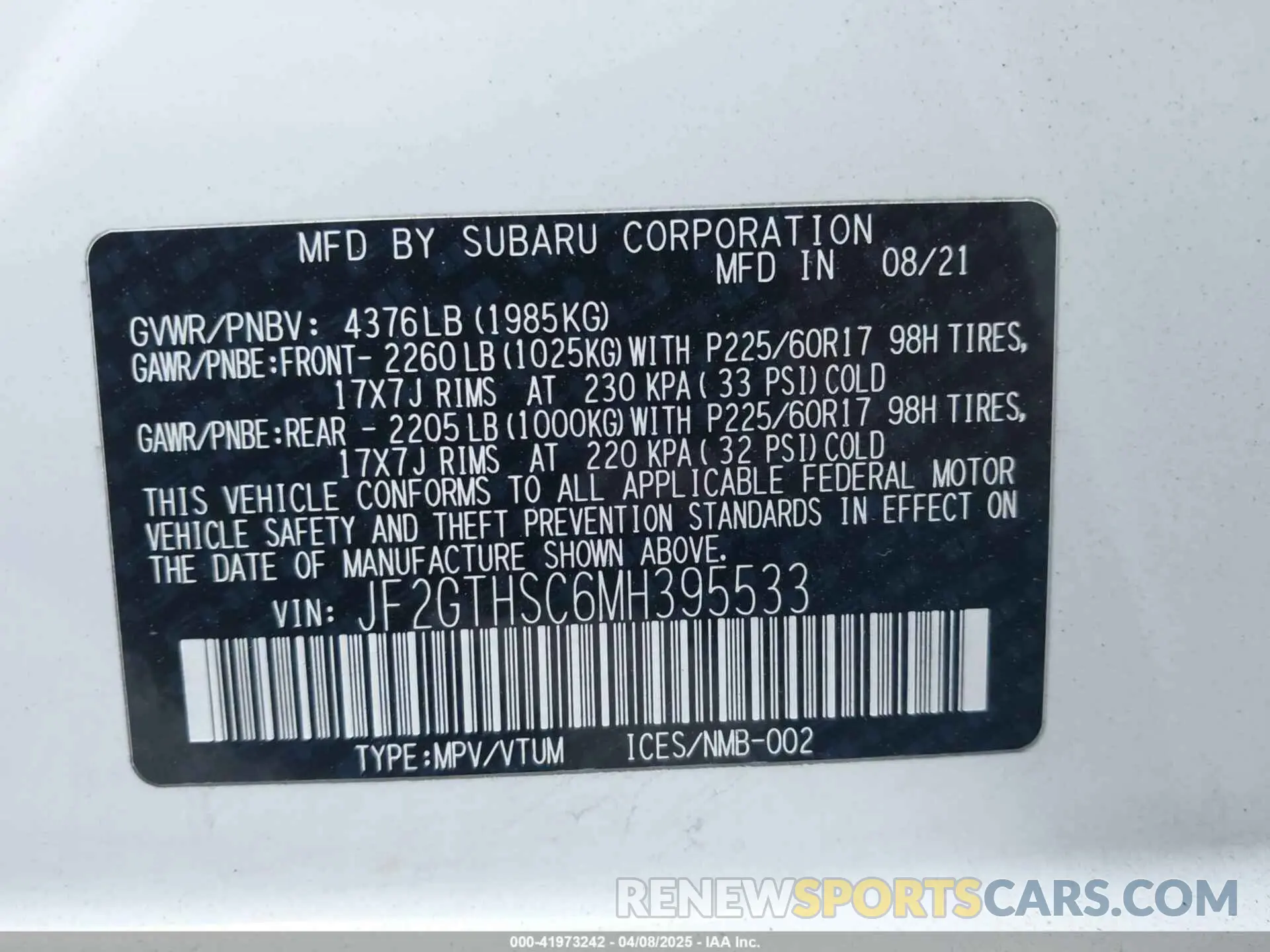 9 Фотография поврежденного автомобиля JF2GTHSC6MH395533 SUBARU CROSSTREK 2021