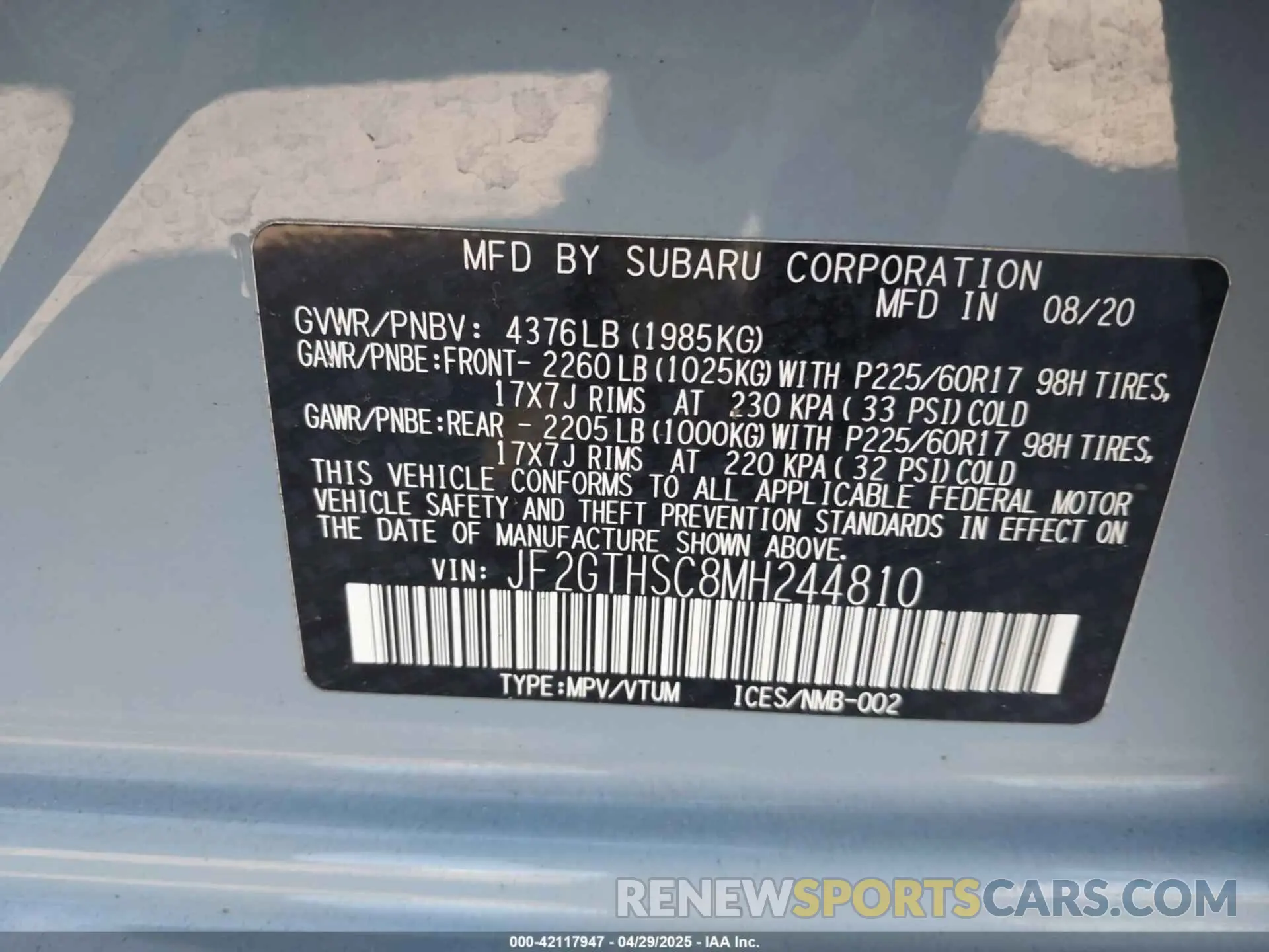 9 Фотография поврежденного автомобиля JF2GTHSC8MH244810 SUBARU CROSSTREK 2021