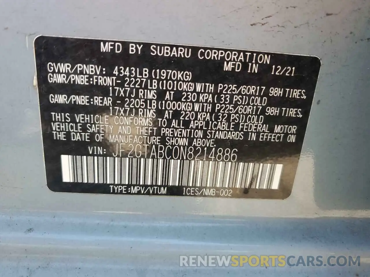 12 Фотография поврежденного автомобиля JF2GTABC0N8214886 SUBARU CROSSTREK 2022
