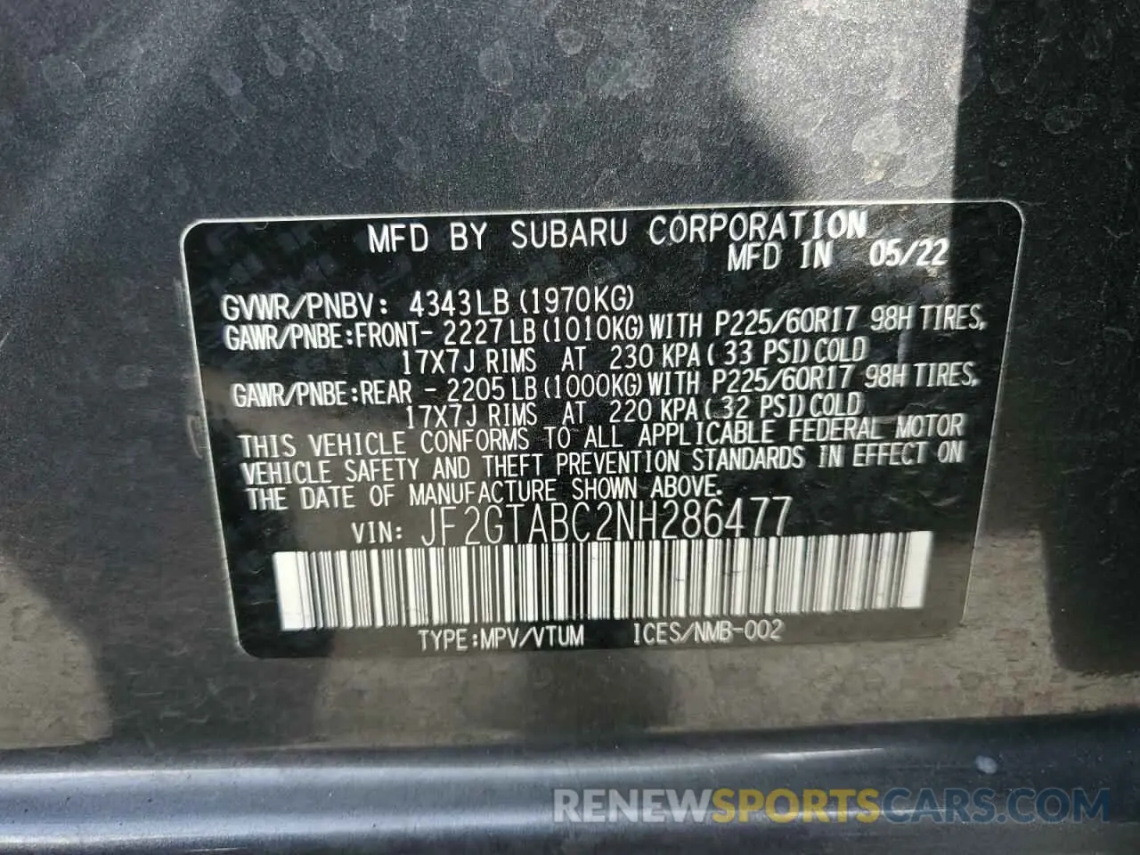 13 Photograph of a damaged car JF2GTABC2NH286477 SUBARU CROSSTREK 2022