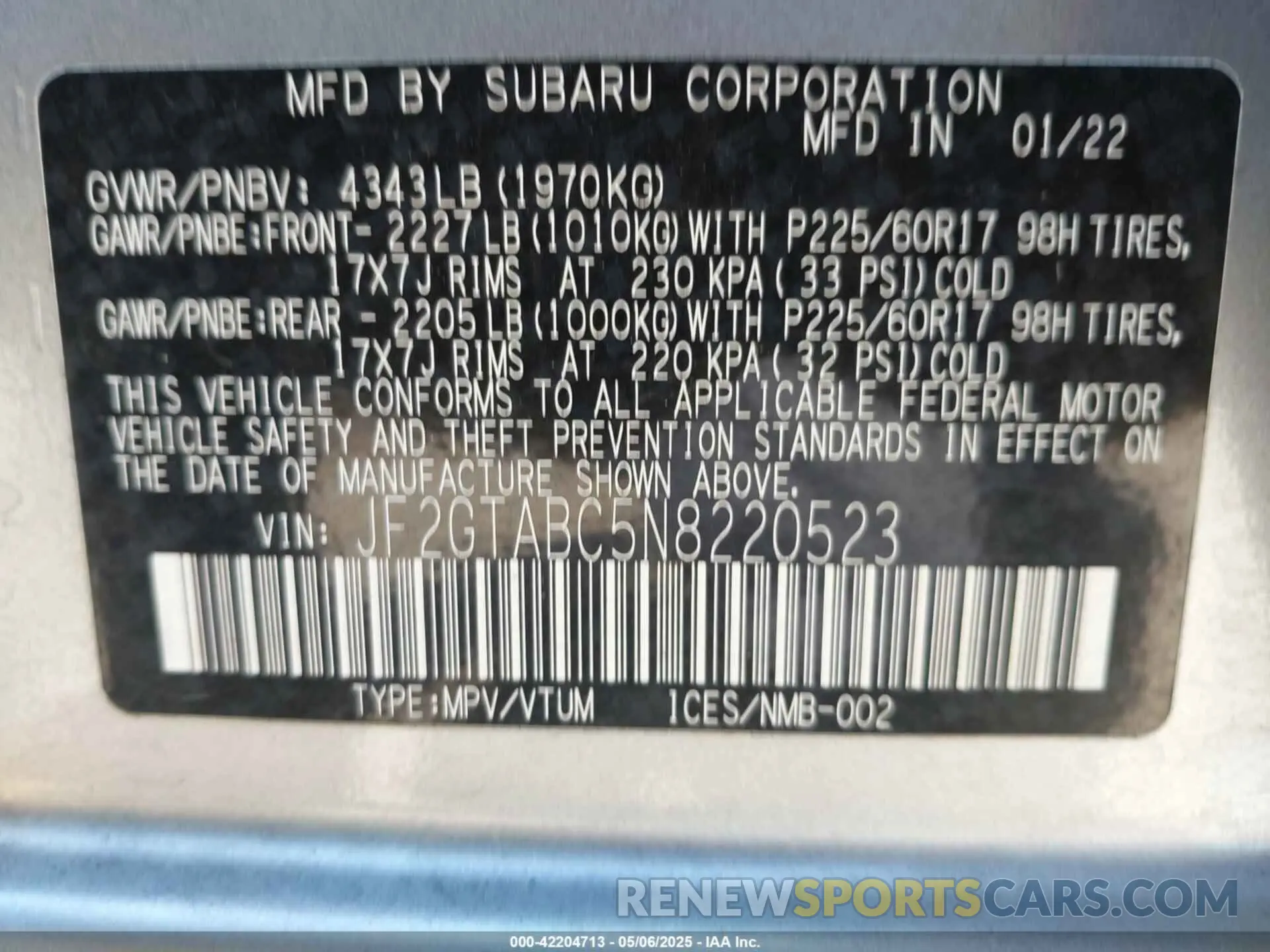 9 Photograph of a damaged car JF2GTABC5N8220523 SUBARU CROSSTREK 2022