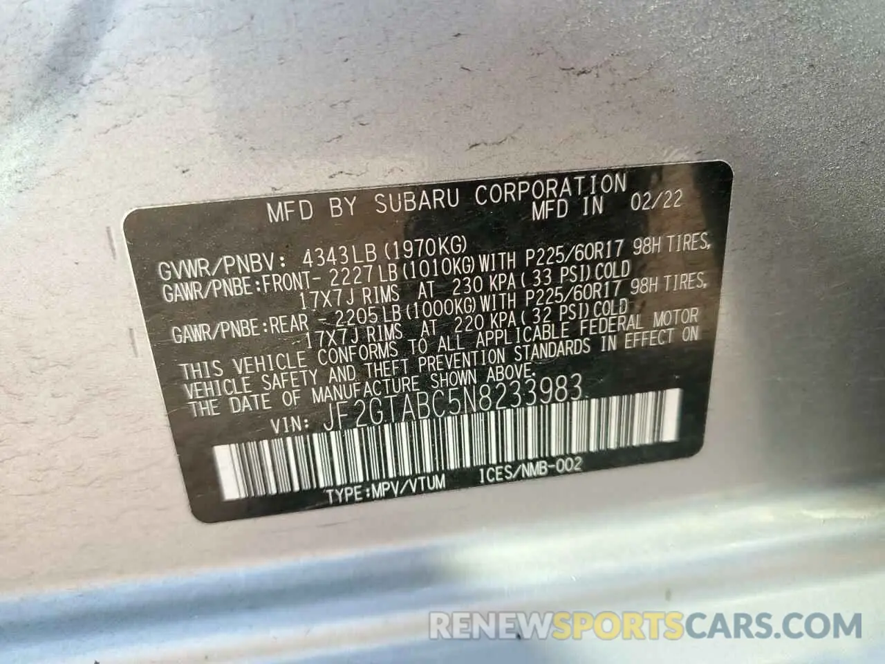 13 Фотография поврежденного автомобиля JF2GTABC5N8233983 SUBARU CROSSTREK 2022