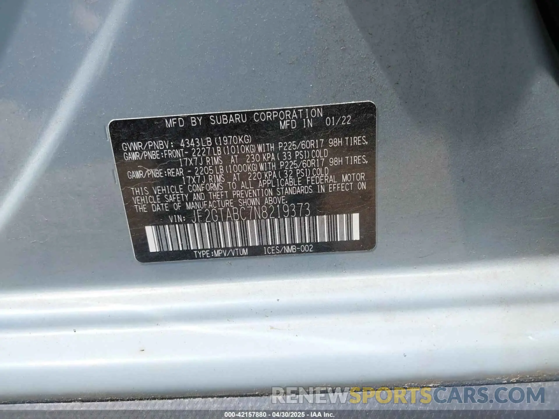 9 Photograph of a damaged car JF2GTABC7N8219373 SUBARU CROSSTREK 2022